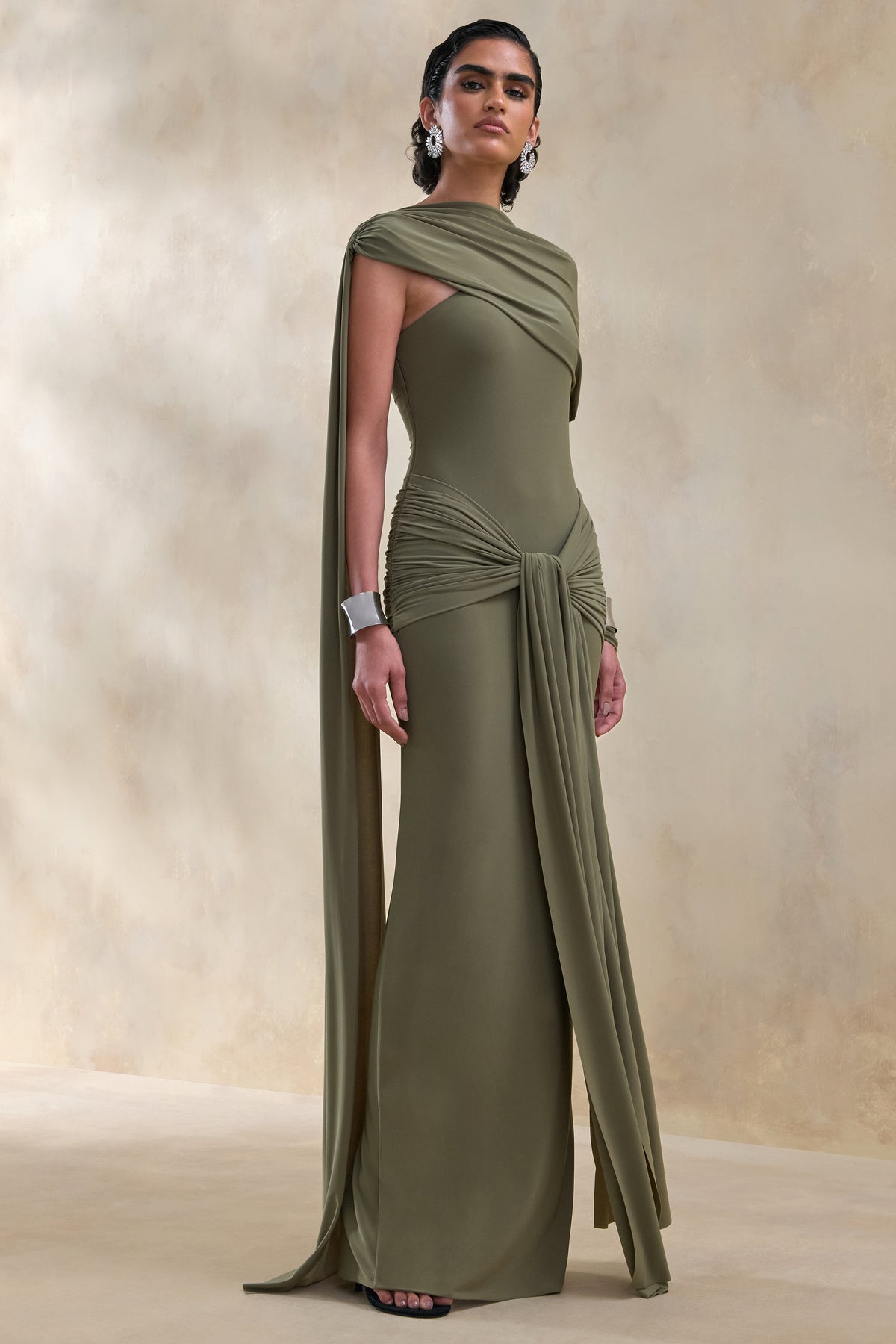 ECM_HR_CL137653031 - Trisara | Olive Asymmetric-Neck Maxi Dress With Gathered-Detailing And Sash 1.jpg
