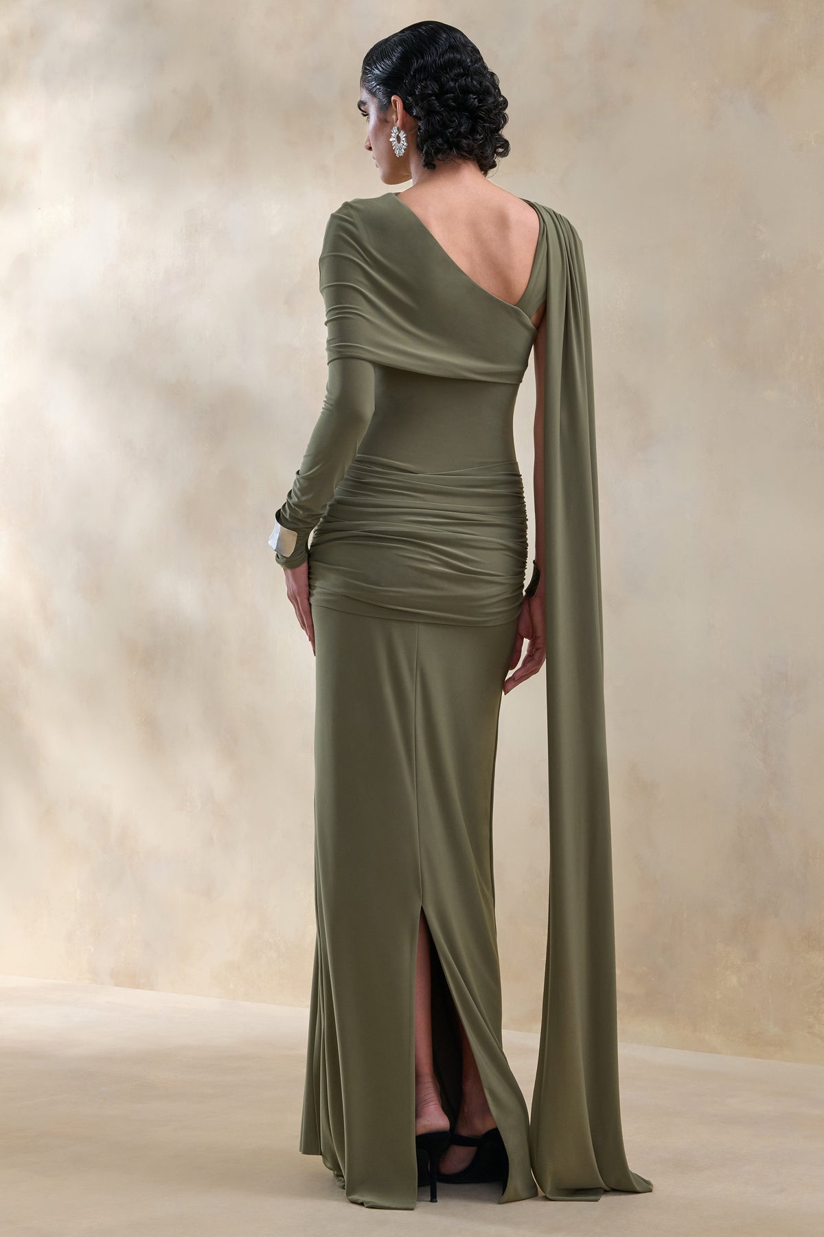 ECM_HR_CL137653031 - Trisara | Olive Asymmetric-Neck Maxi Dress With Gathered-Detailing And Sash 2.jpg