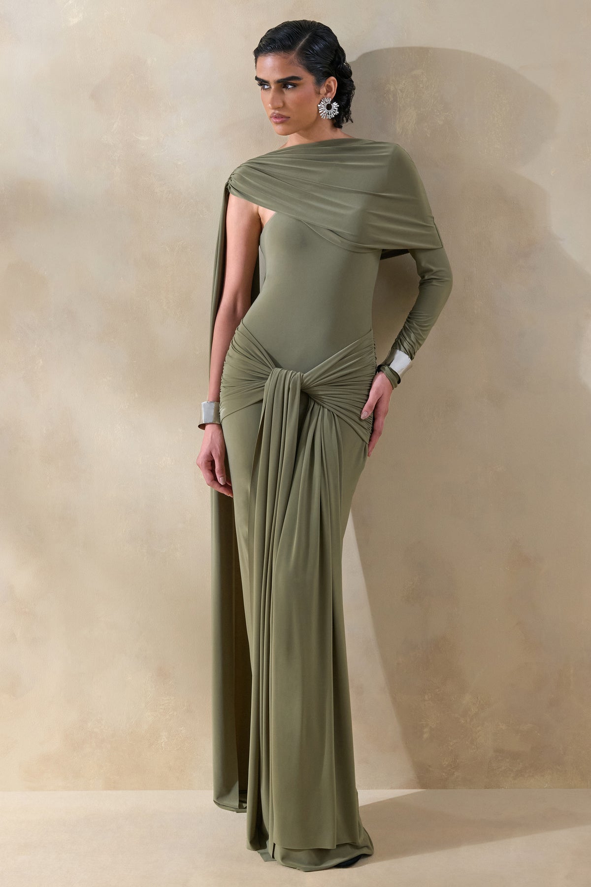 ECM_HR_CL137653031 - Trisara | Olive Asymmetric-Neck Maxi Dress With Gathered-Detailing And Sash 3.jpg