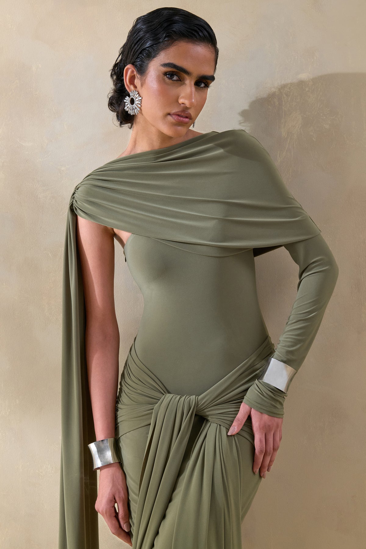 ECM_HR_CL137653031 - Trisara | Olive Asymmetric-Neck Maxi Dress With Gathered-Detailing And Sash 4.jpg