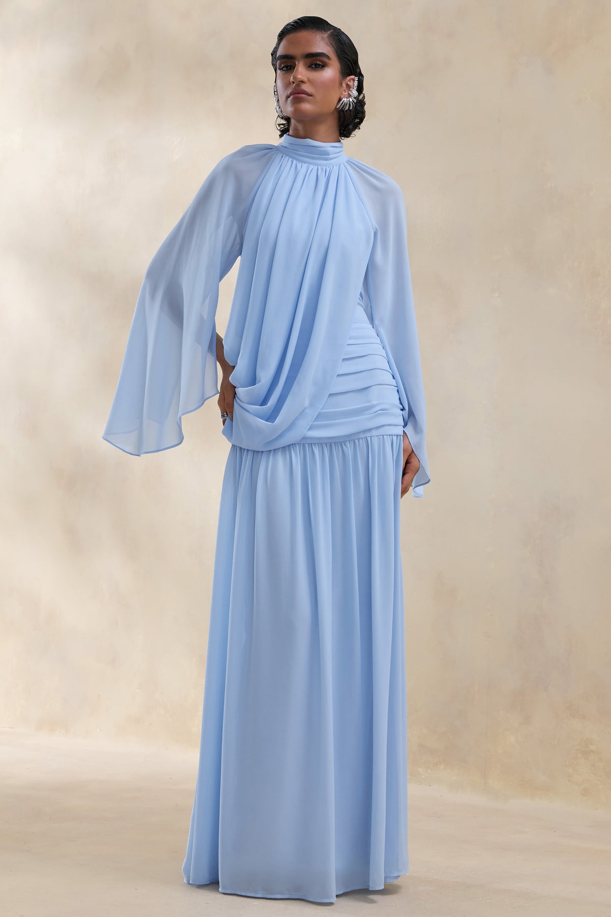Narella Blue Chiffon High-Neck Maxi Dress With Draped-Detailing Club L London - USA Narella Blue Chiffon High-Neck Maxi Dress With Draped-Detailing Club L London - USA