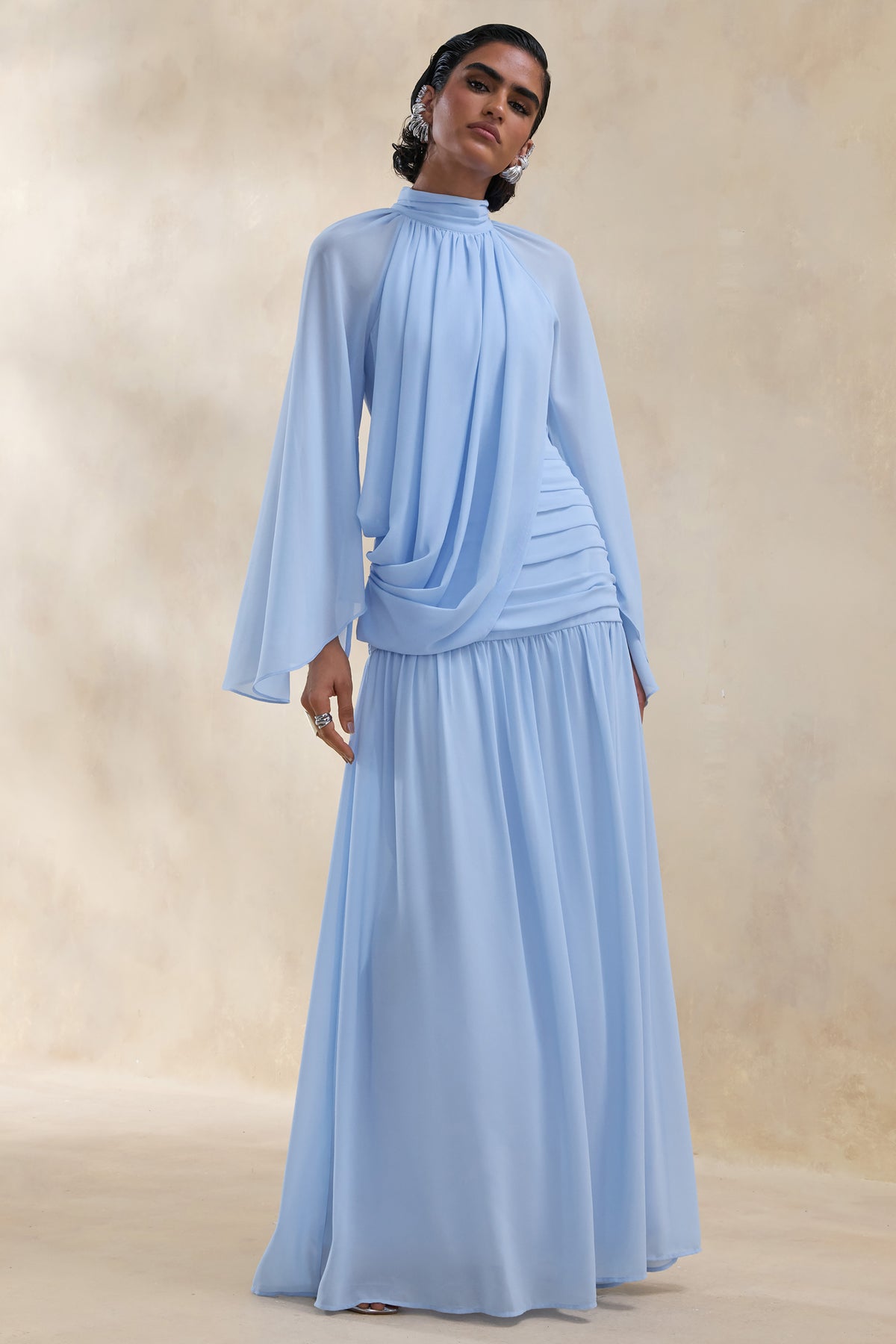 Narella | BLUE Chiffon High-Neck Maxi Dress With Draped-Detailing - UK 14 BLUE Narella | BLUE Chiffon High-Neck Maxi Dress With Draped-Detailing - UK 14 BLUE