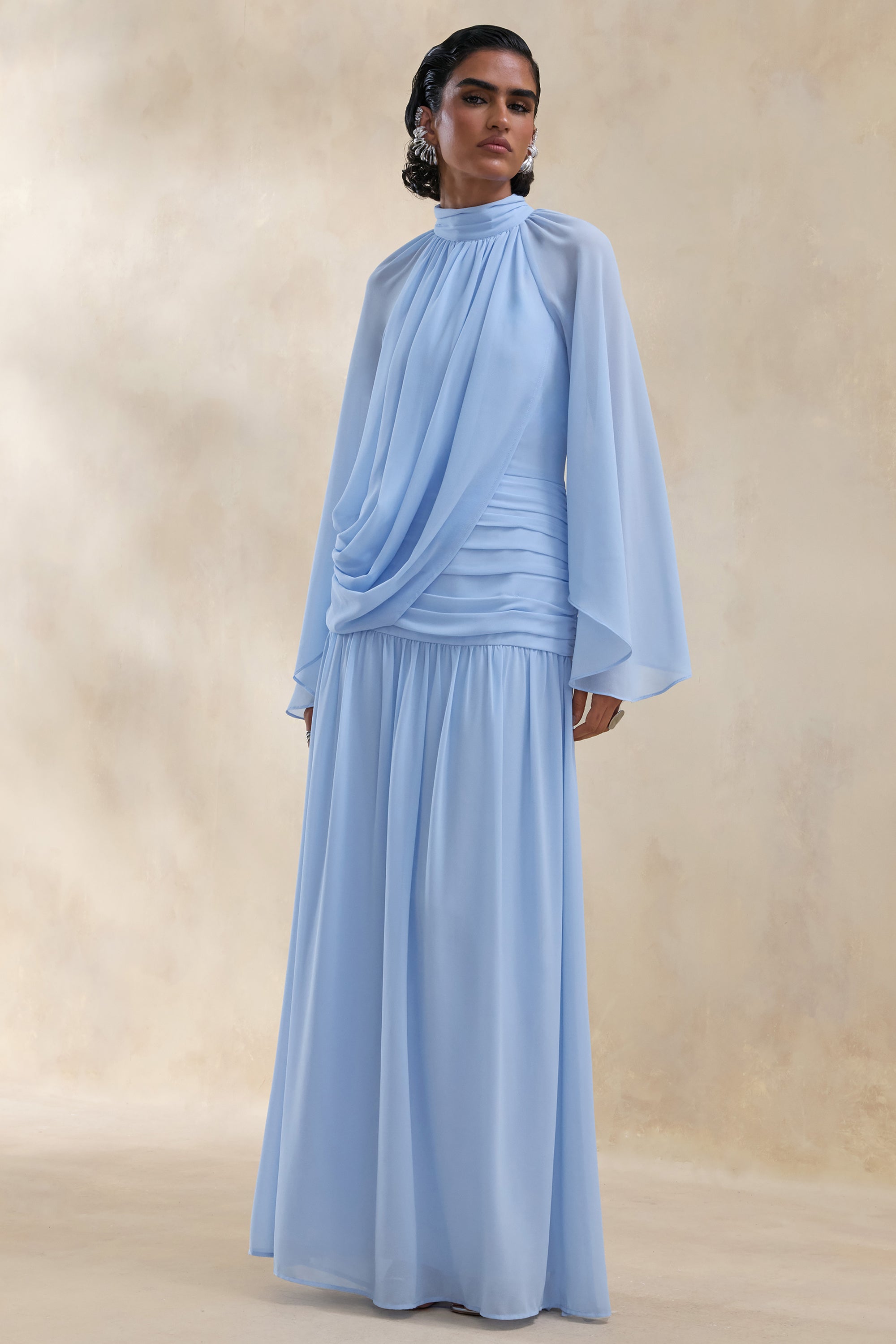 long sleeve silk chiffon maxi dress Chiffon Maxi Dress - FARES - Pastel Blue - Layered Design