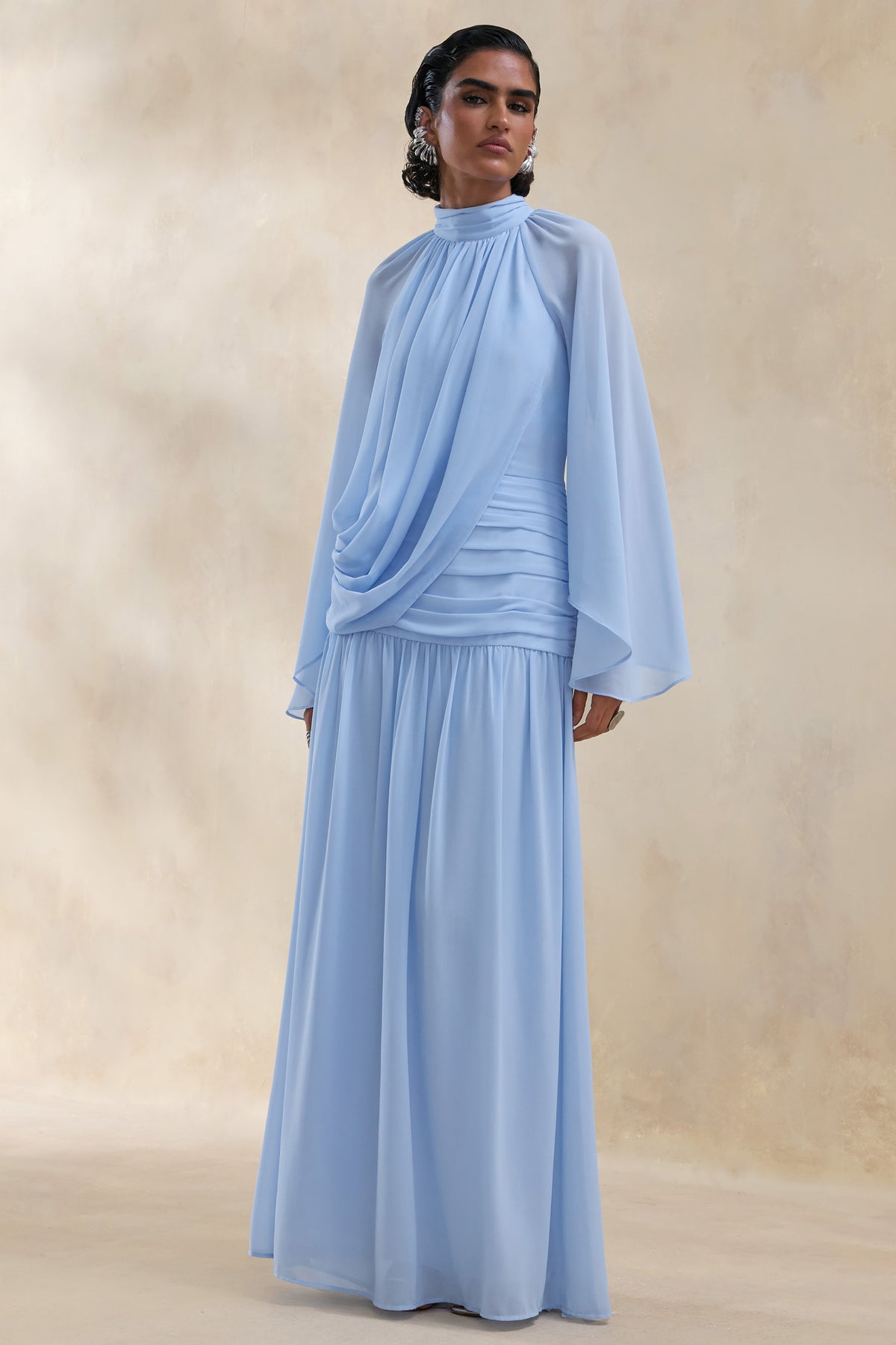 Narella | BLUE Chiffon High-Neck Maxi Dress With Draped-Detailing - UK 14 BLUE Narella | BLUE Chiffon High-Neck Maxi Dress With Draped-Detailing - UK 14 BLUE