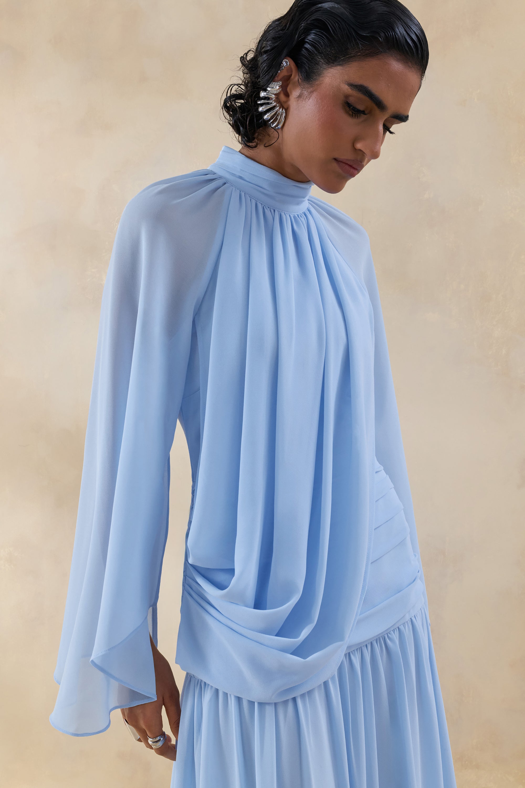 neia ruffle dress in shimmering blue chiffon Lucy in the Sky