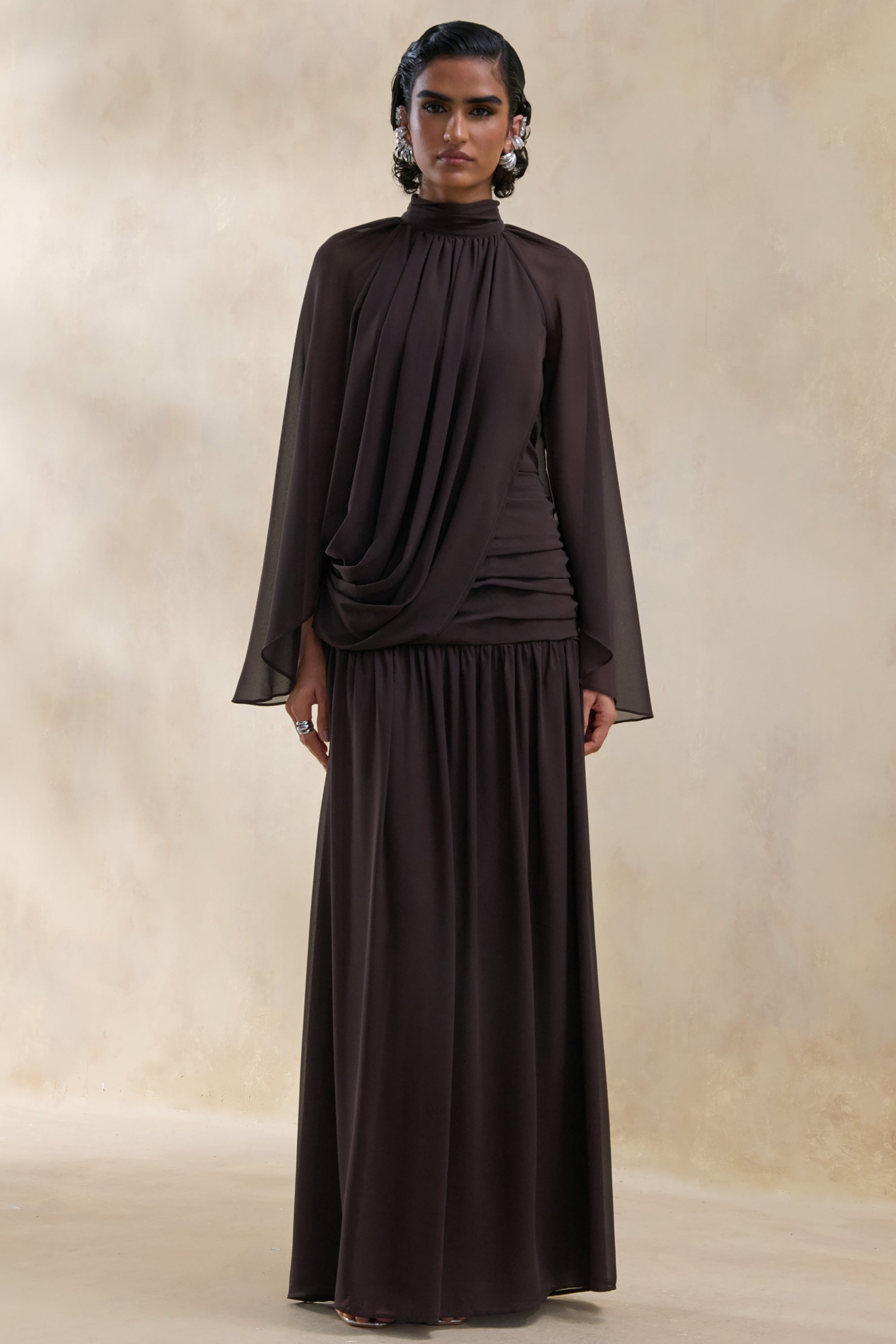 Narella | Brown Chiffon High-Neck Maxi Dress With Draped-Detailing