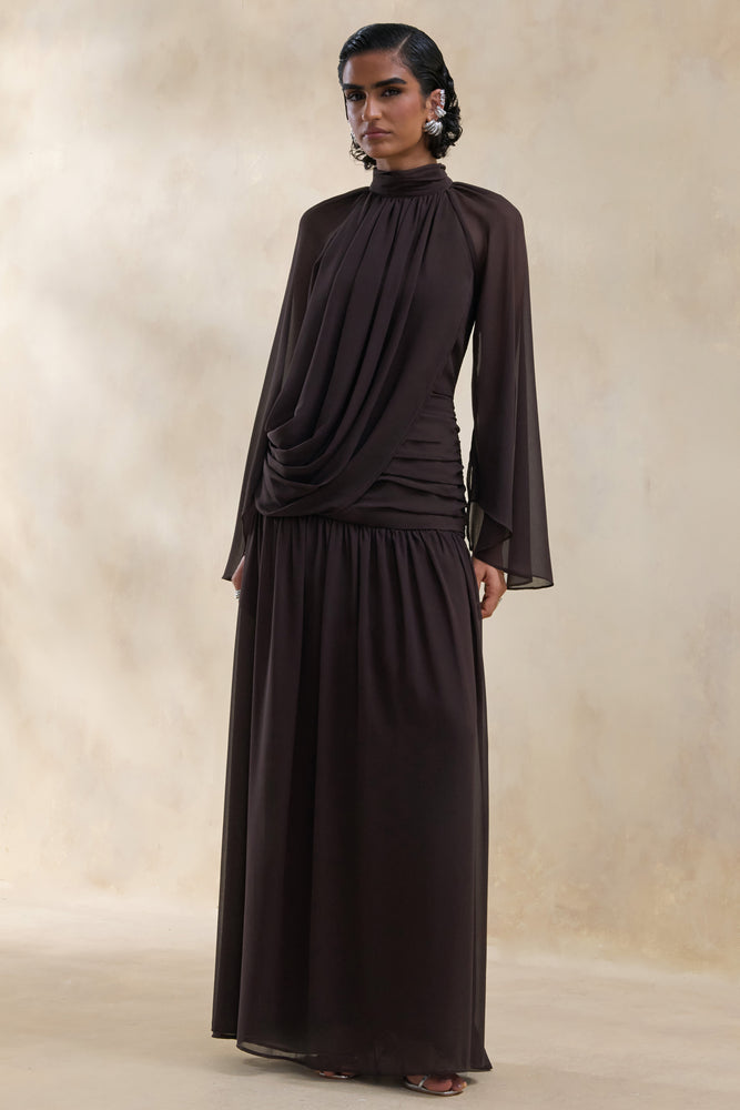 Narella Brown Chiffon High-Neck Maxi Dress With Draped-Detailing  Club L  London - USA