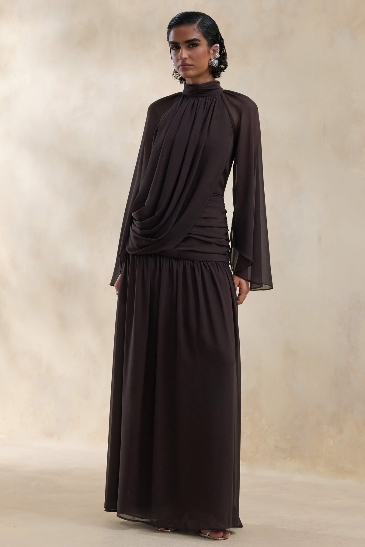 chiffon draped maxi dress Leanne Chiffon Draped One Shoulder Maxi Dress - Burgundy