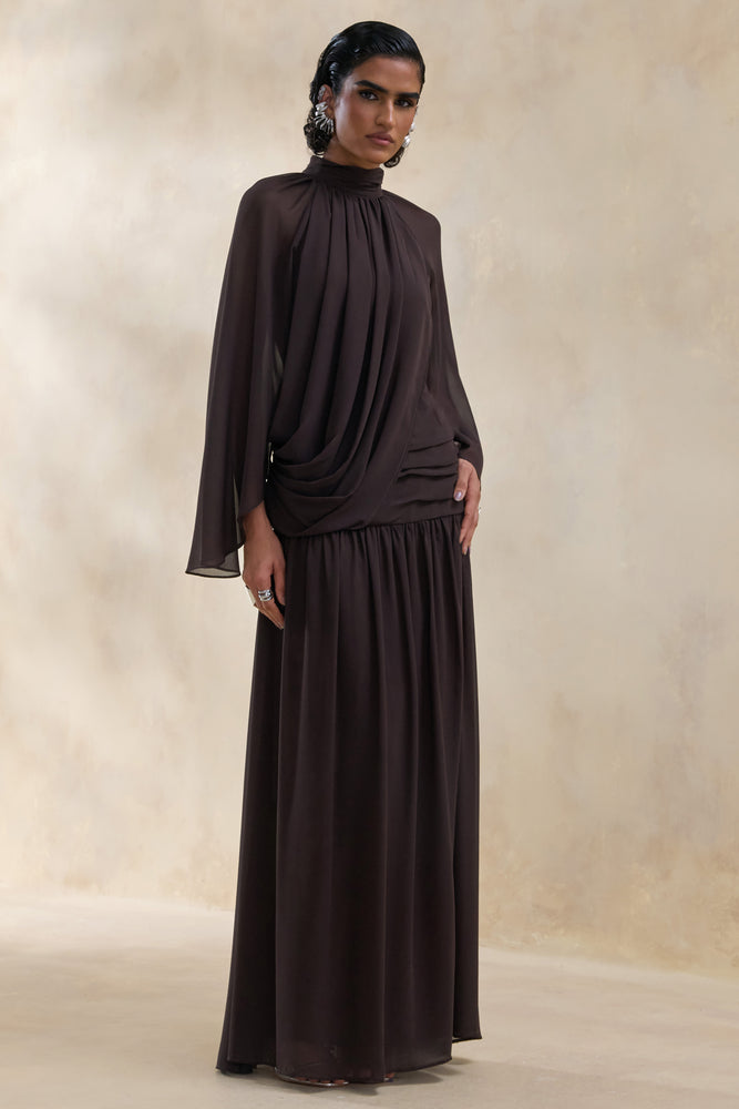 Narella Brown Chiffon High-Neck Maxi Dress With Draped-Detailing – Club L  London