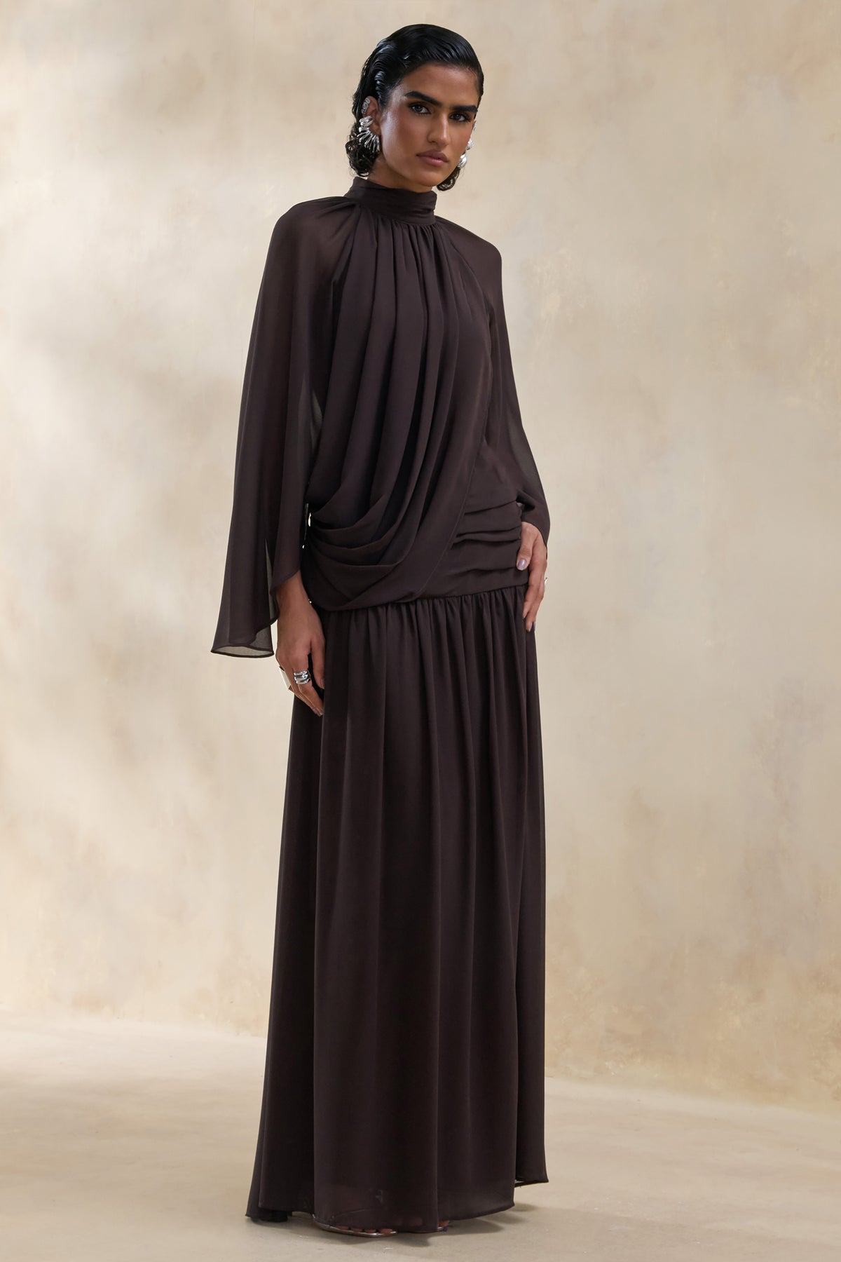 high neck long sleeve chiffon dress High-neck gown featuring a crystal-embellished collar and chiffon sleeves