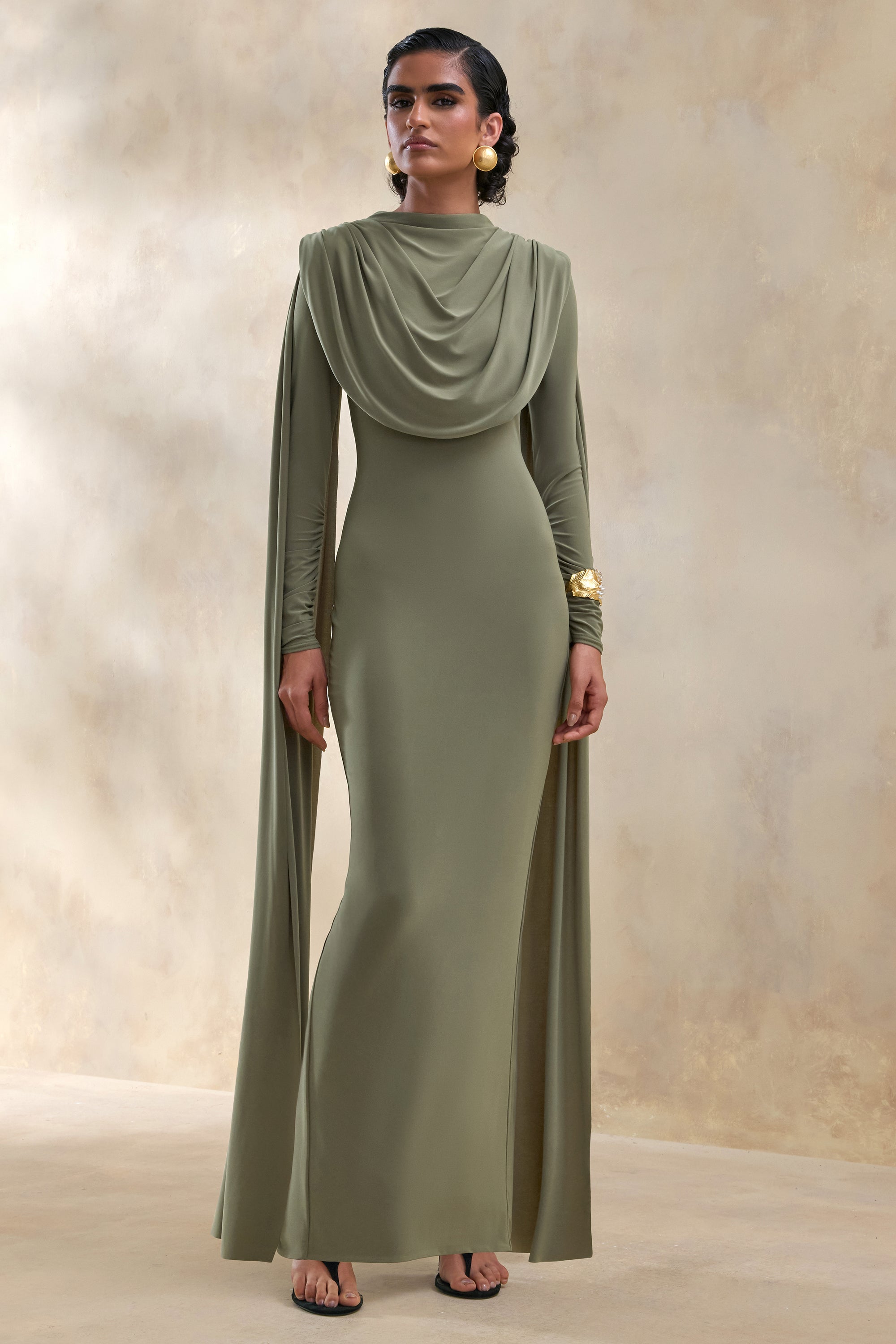 olive floor length dress Elegant Olive off-the-shoulder silk maxi dress XL / 10 / Olive