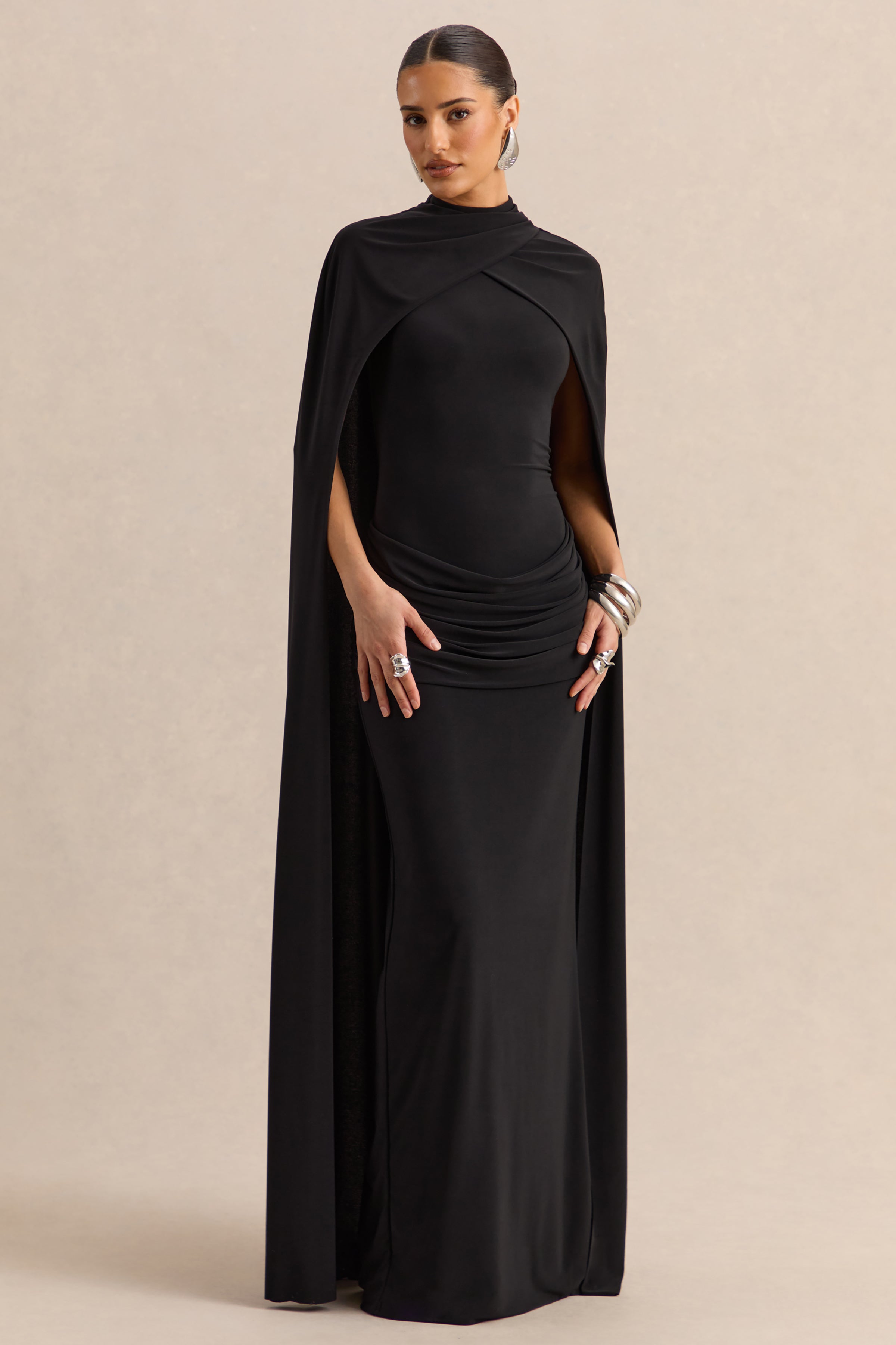 Dianelle | Black High-Neck Maxi Dress With Cape-Sleeves – Club L