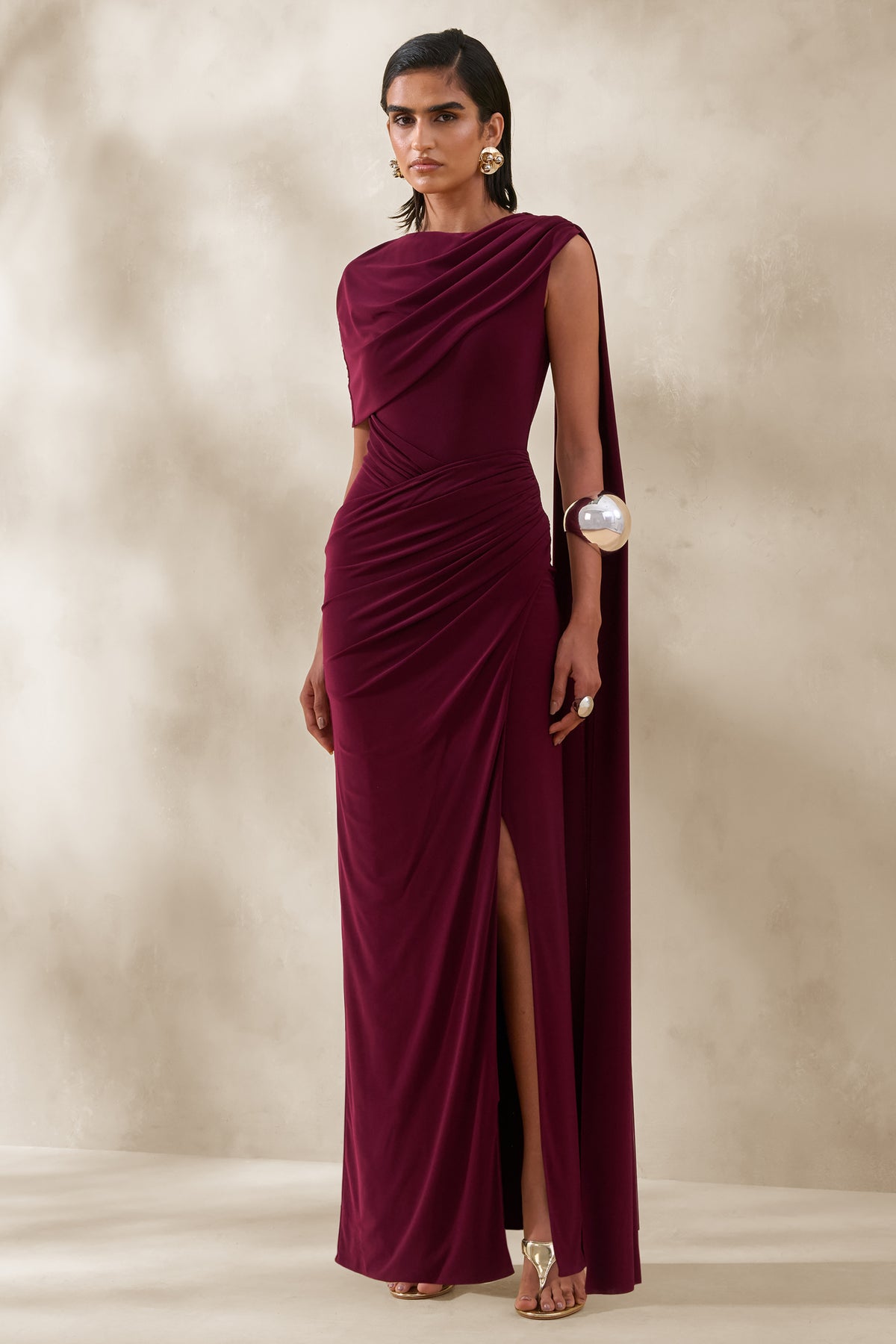 Palomara Burgundy Round-Neck Maxi Dress With Sash And Front-High Spl Club L London - USA Palomara Burgundy Round-Neck Maxi Dress With Sash And Front-High Spl Club L London - USA