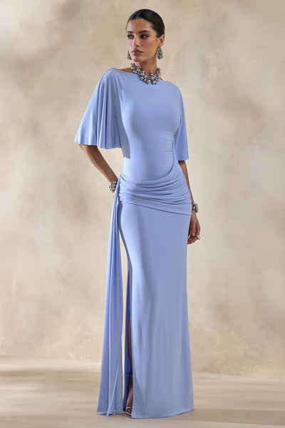 Emerelle | Powder Blue Wide-Neck Maxi Dress With Sash And Draped-Detai – Club L London