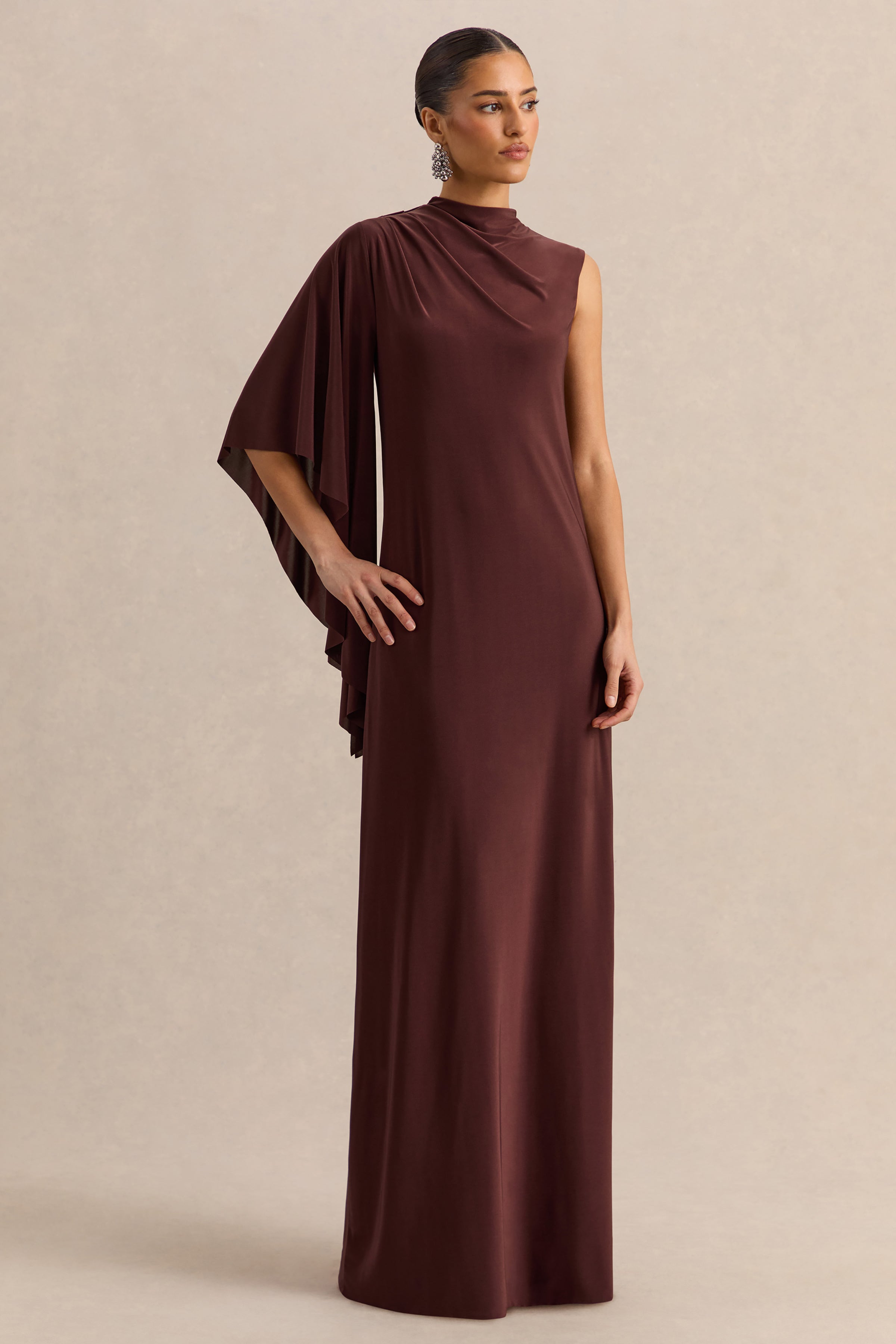 Marosia | Brown High-Neck Maxi Dress With Cape Sleeve – Club L