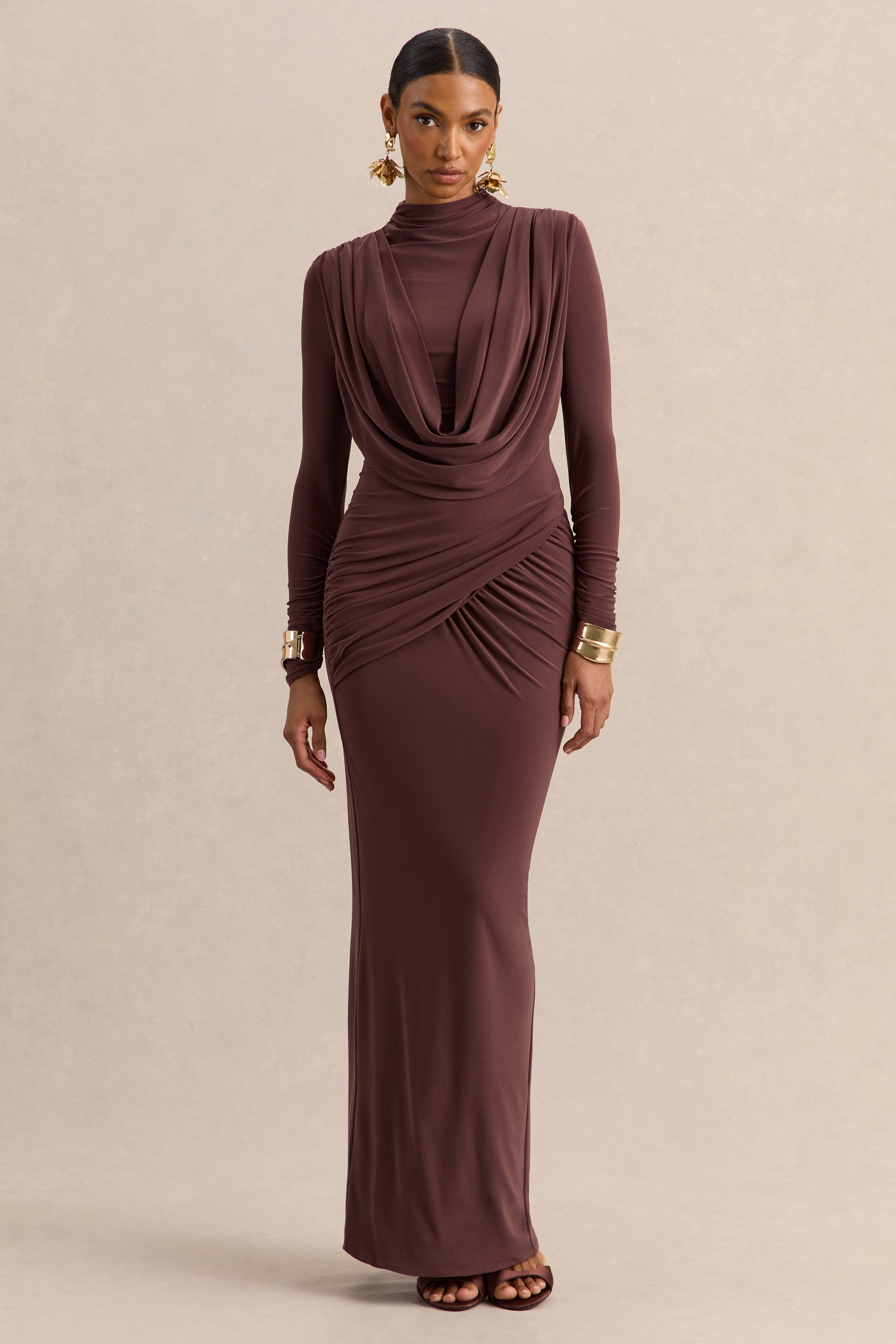 brown draped maxi dress Karinthia | Brown High-Neck Maxi Dress With Draped-Detailing
