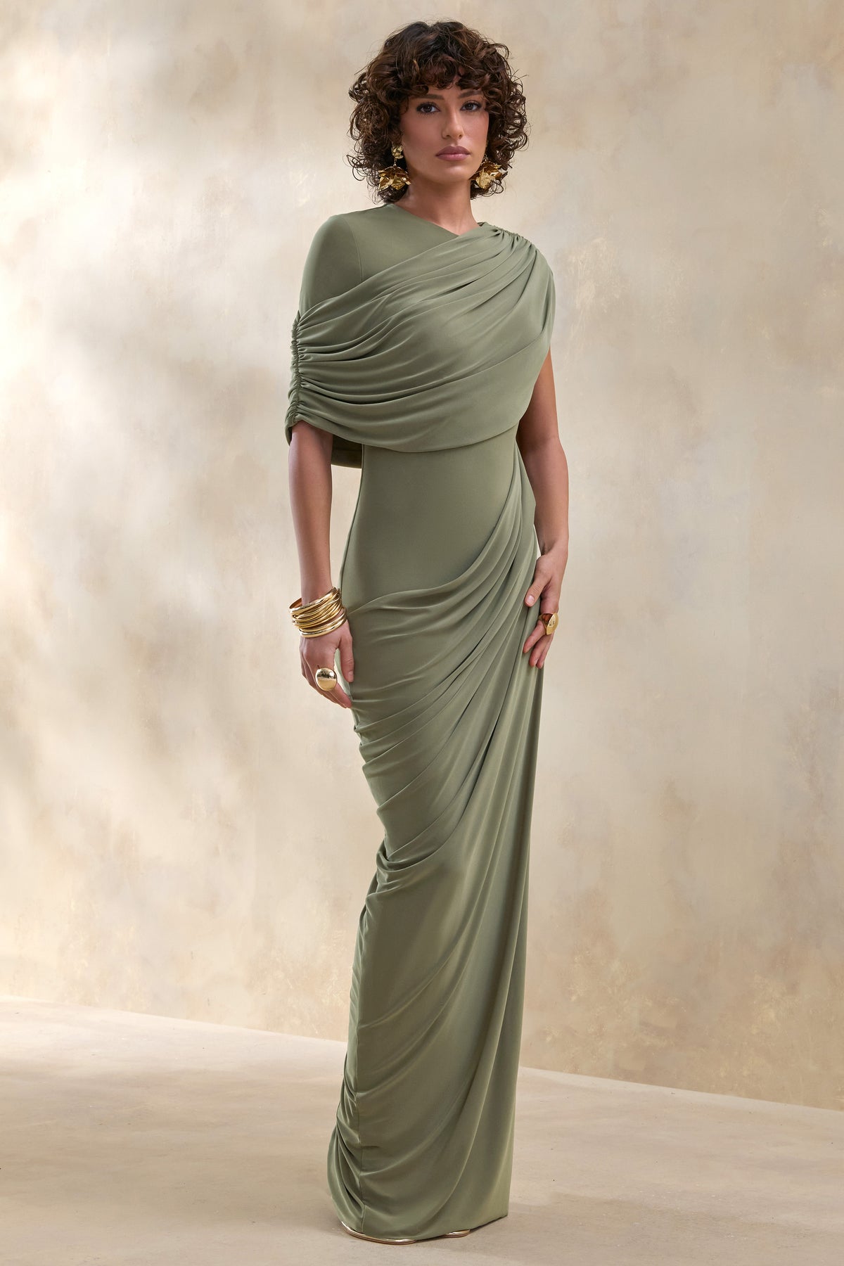 Gisara | Olive High-Neck Maxi Dress With Sash And Draped-Detailing - UK 14 Olive Gisara | Olive High-Neck Maxi Dress With Sash And Draped-Detailing - UK 14 Olive