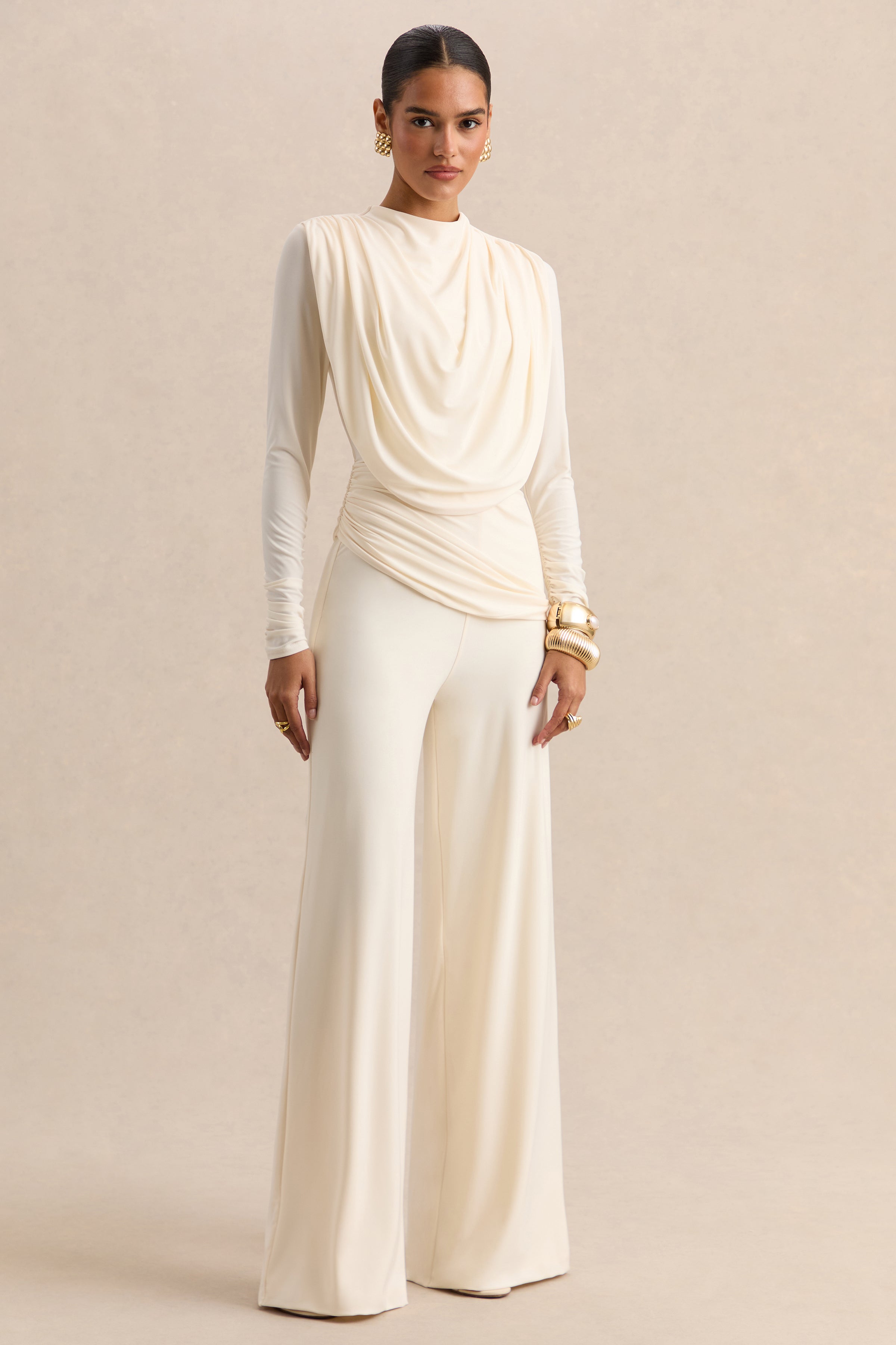 トップス andwang AND bijou high neck tops white Raniella | White High-Neck Top With Gathered And Draped-Detailing