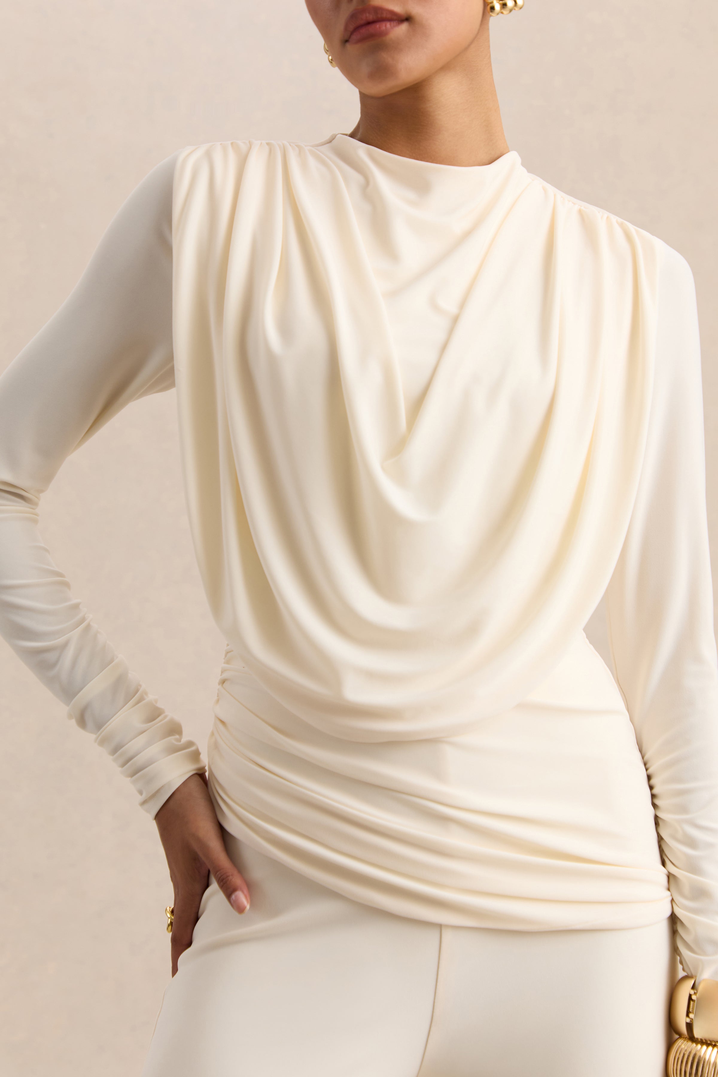 Raniella | White High-Neck Top With Gathered And Draped-Detailing