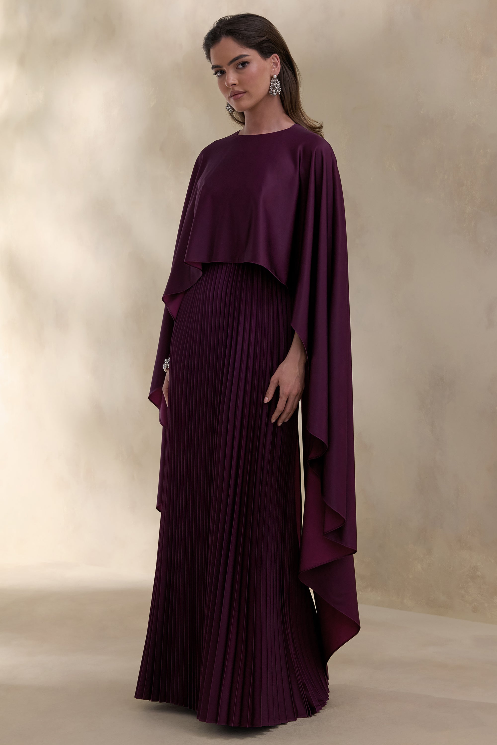 dark purple satin maxi dress Loradia | Dark PLUM Satin Round-Neck Maxi Dress With Cape-Sleeves And Pleated-Skirt