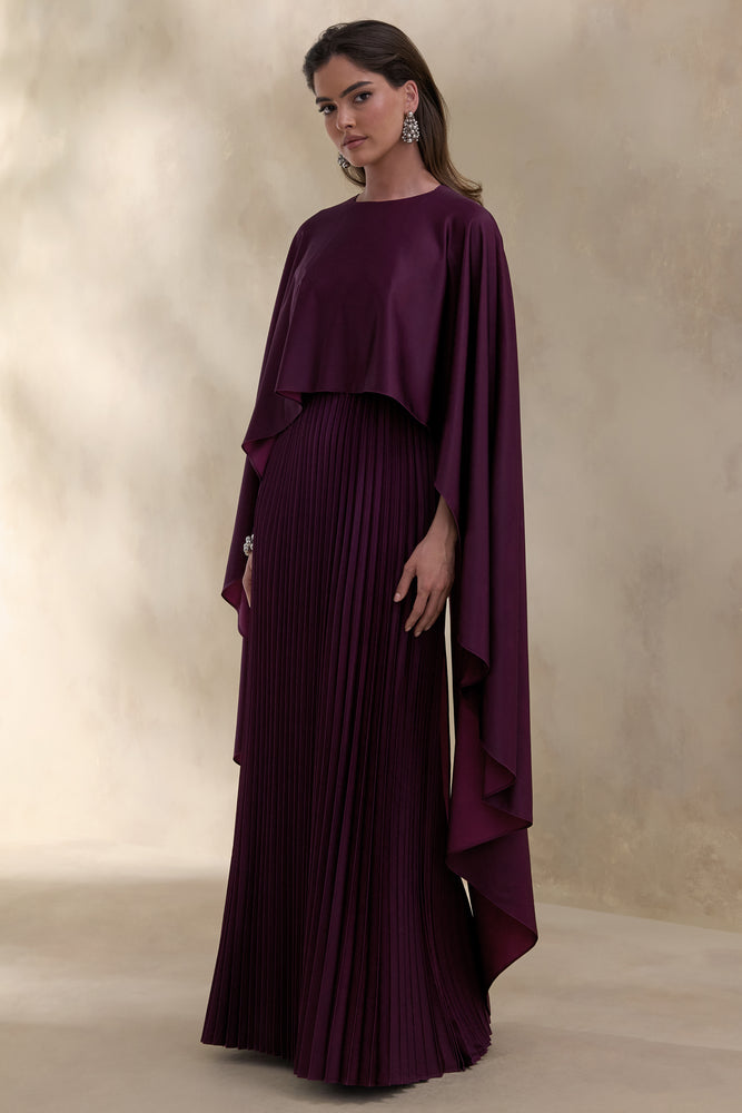 bridesmaid dresses knoxville tn Loradia Dark Plum Satin Round-Neck Maxi Dress With Cape-Sleeves And – Club  L London