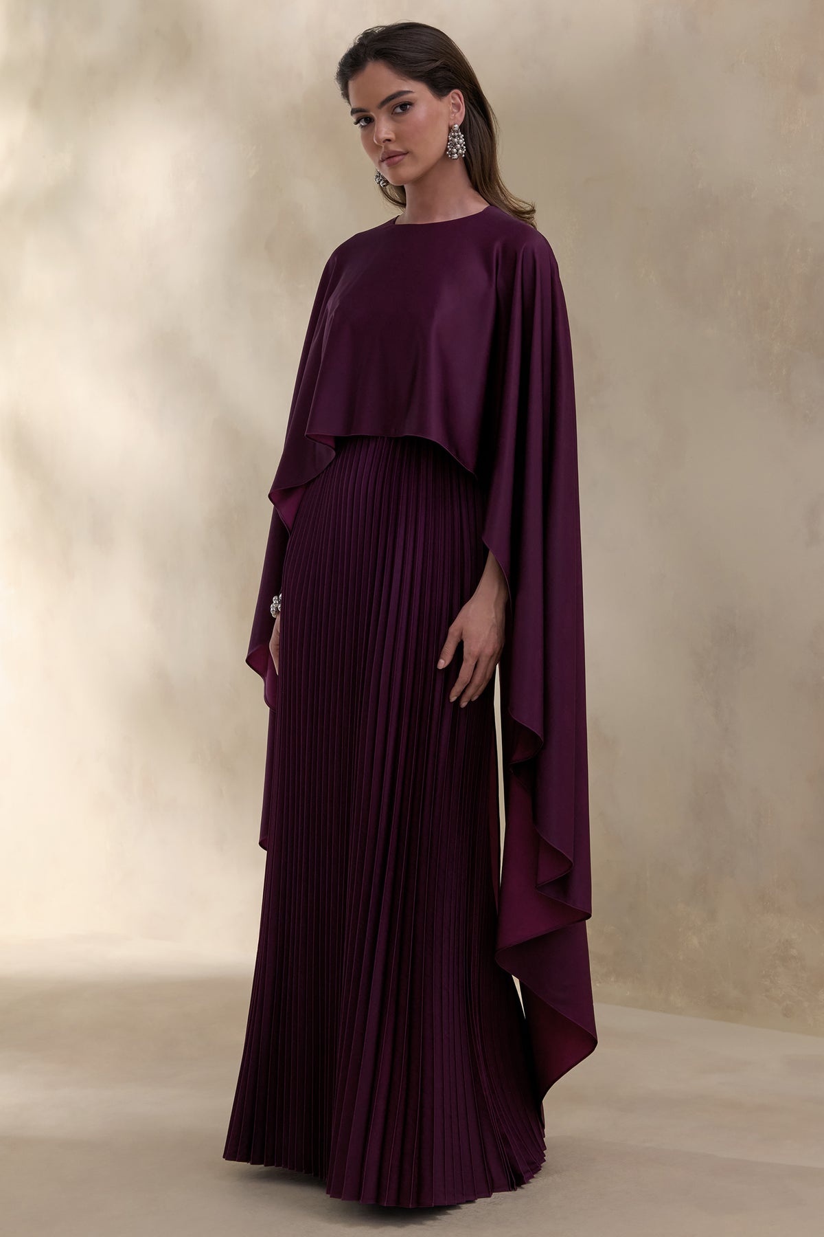 Loradia | Dark PLUM Satin Round-Neck Maxi Dress With Cape-Sleeves And Pleated-Skirt