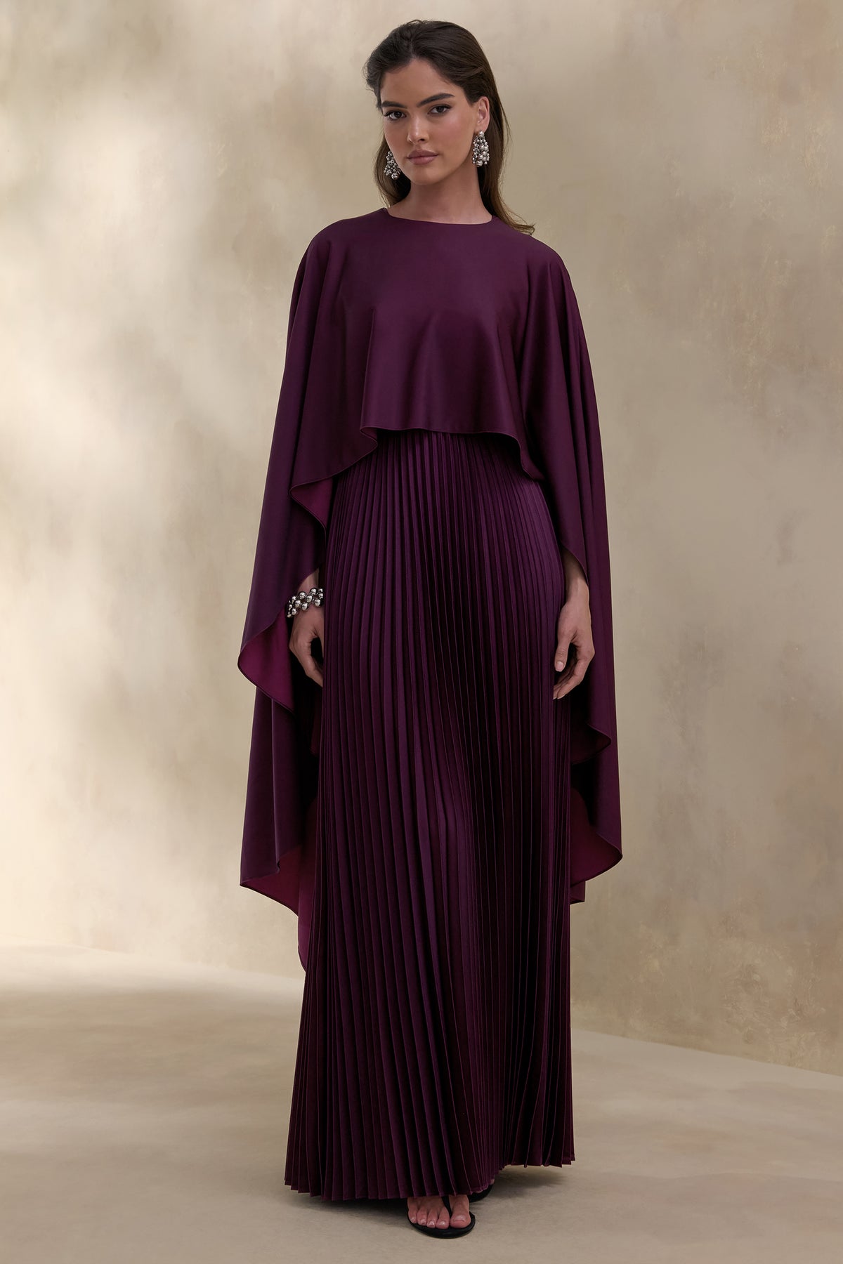 women's dark purple strapless dress for the club Loradia | Dark PLUM Satin Round-Neck Maxi Dress With Cape-Sleeves And Pleated-Skirt