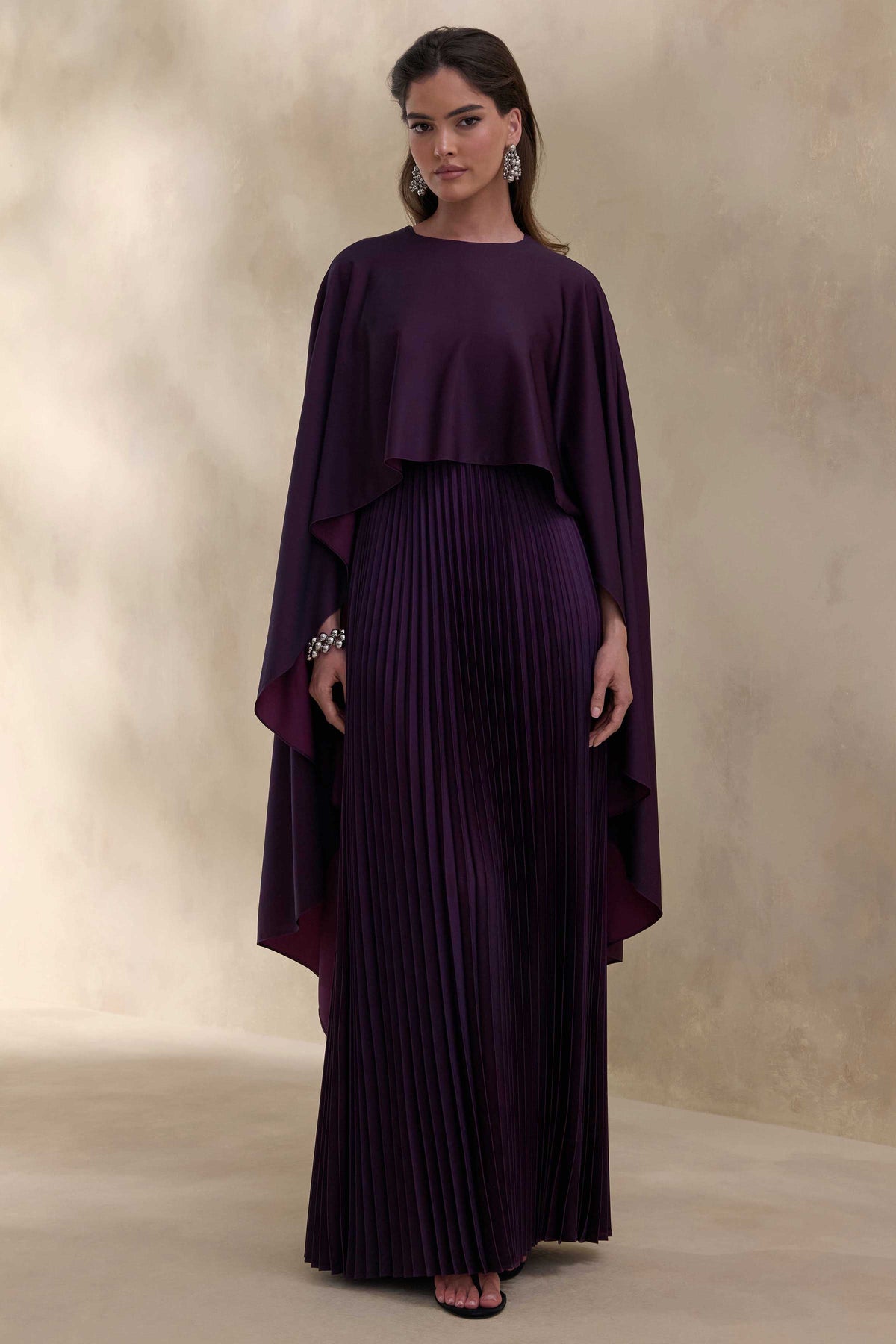 ECM_HR_CL137664090 - Loradia | Dark Plum Satin Round-Neck Maxi Dress With Cape-Sleeves And Pleated-Skirt 4.jpg
