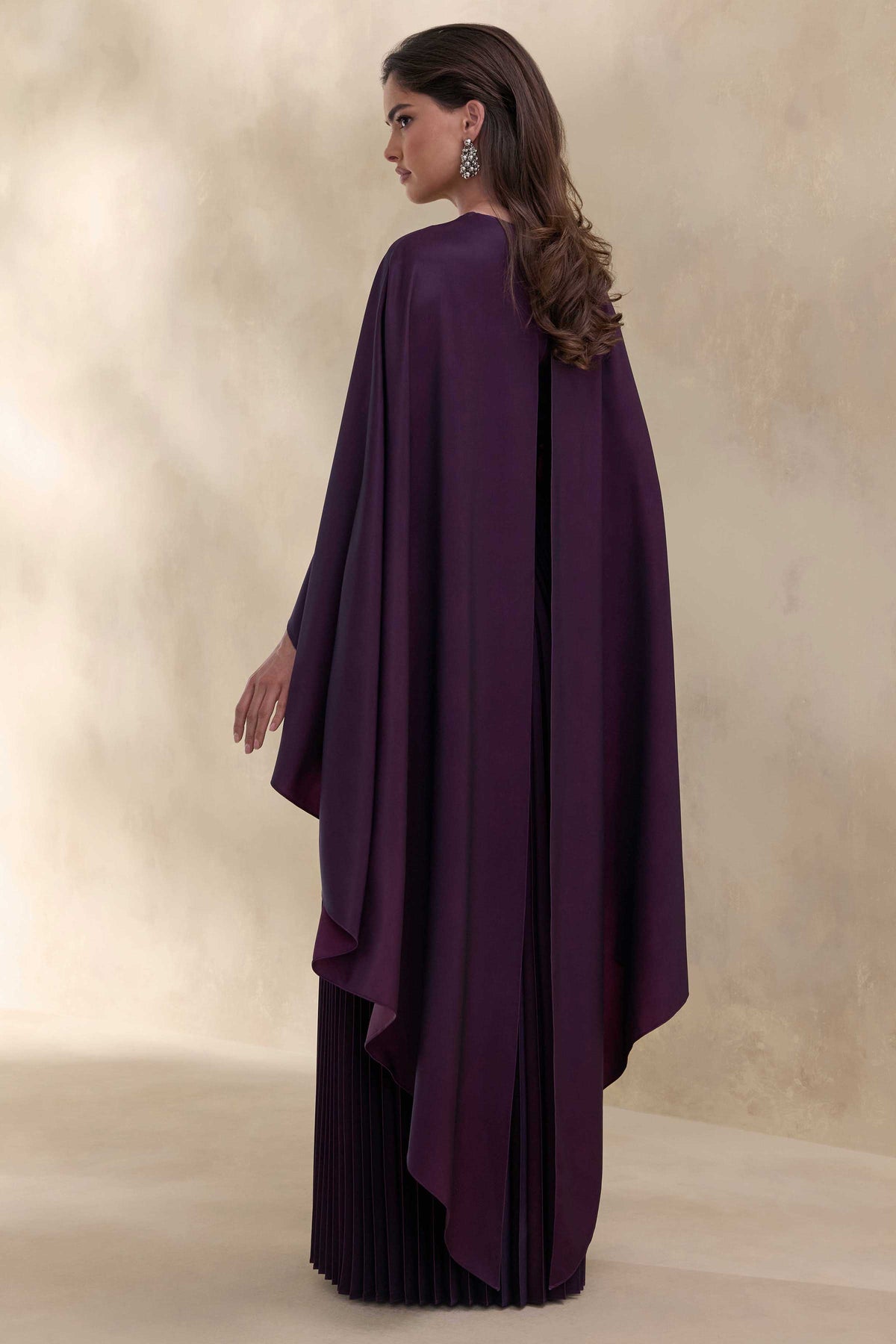 ECM_HR_CL137664090 - Loradia | Dark Plum Satin Round-Neck Maxi Dress With Cape-Sleeves And Pleated-Skirt 5.jpg