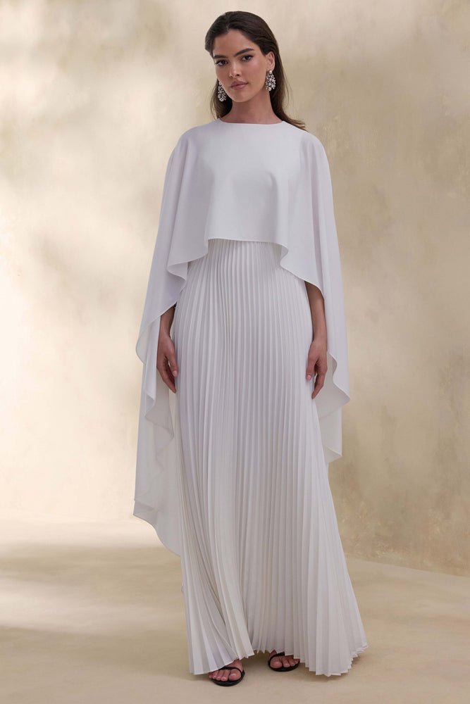 Loradia Cream Satin Round-Neck Maxi Dress With Cape-Sleeves And Plea – Club  L London