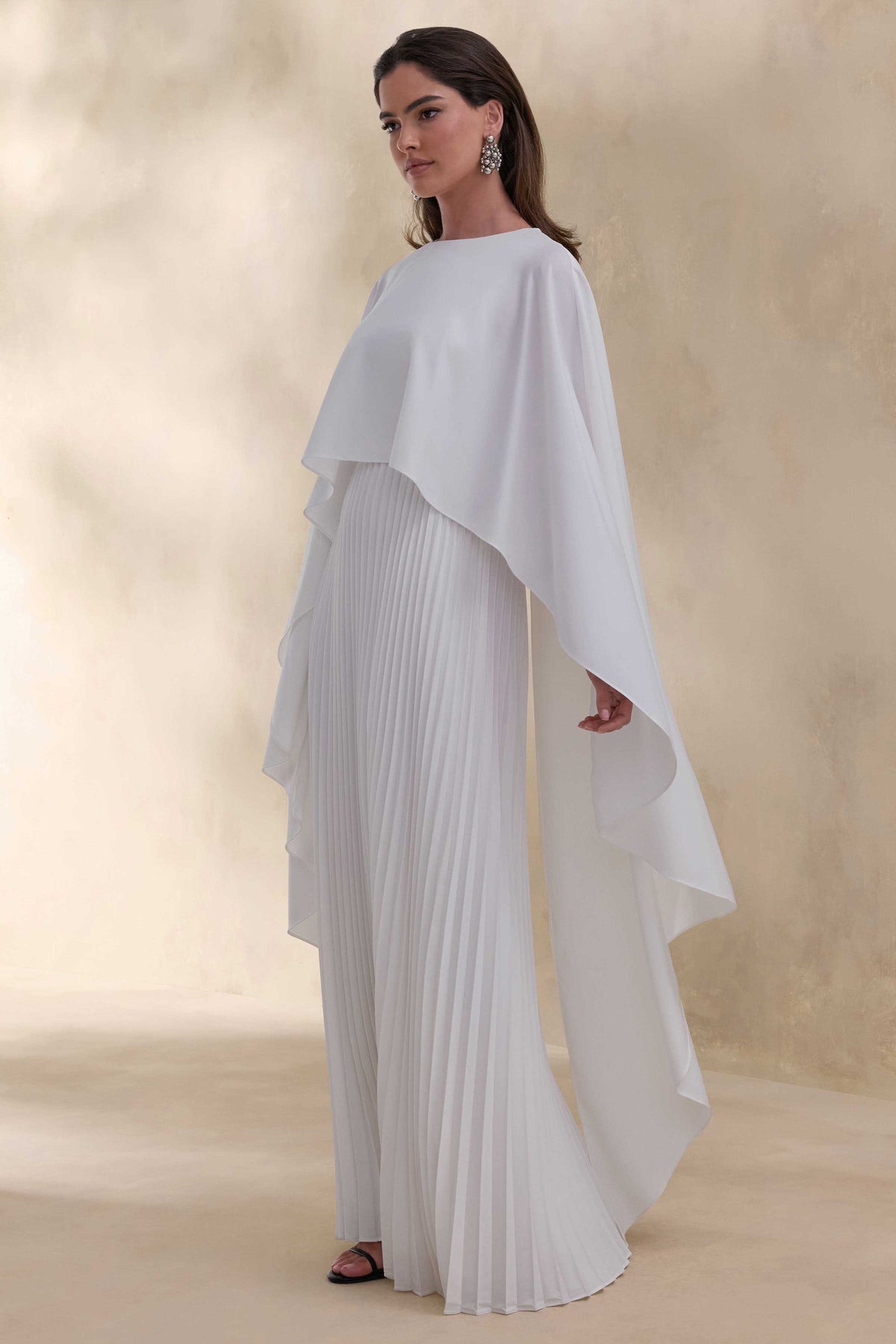 Loradia | Cream Satin Round-Neck Maxi Dress With Cape-Sleeves And Pleated-Skirt Loradia | Cream Satin Round-Neck Maxi Dress With Cape-Sleeves And Pleated-Skirt