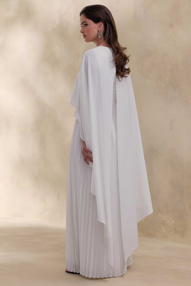 Loradia Cream Satin Round-Neck Maxi Dress With Cape-Sleeves And Plea – Club  L London