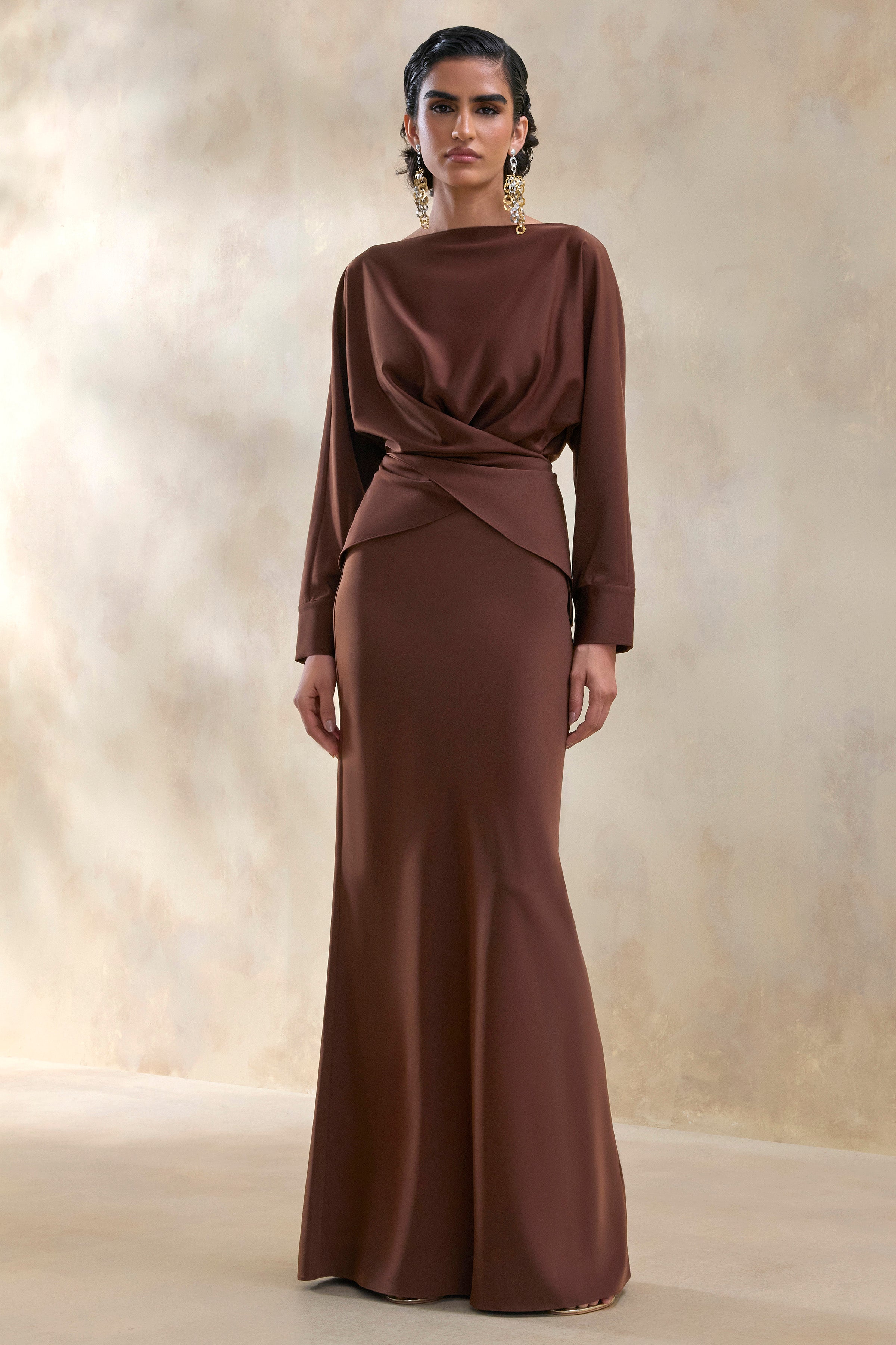 Elaria | Brown Satin Maxi-Skirt – Club L London - USA