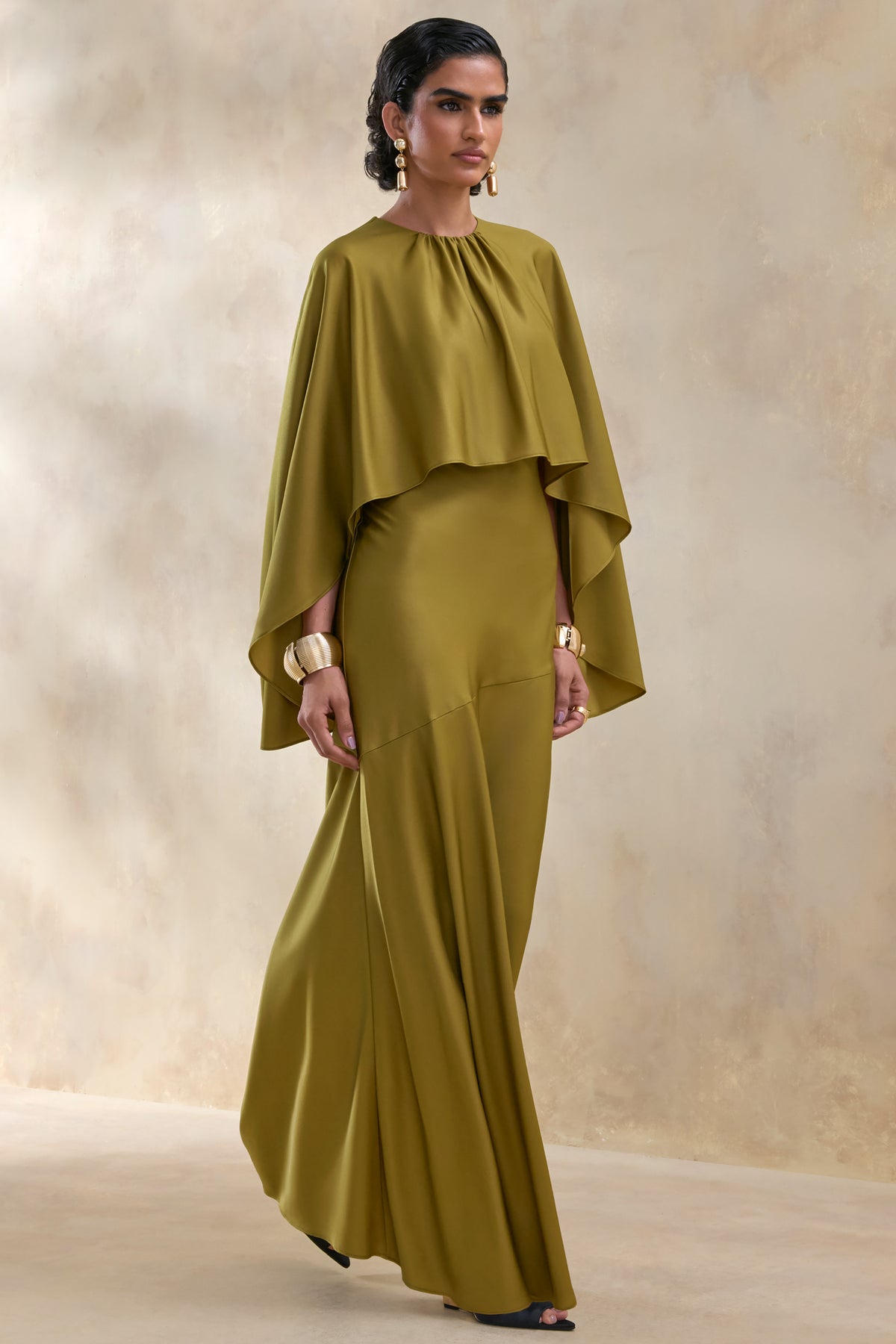 Vanthea | Olive Satin Round-Neck Maxi Dress With Cape-Sleeves Vanthea | Olive Satin Round-Neck Maxi Dress With Cape-Sleeves