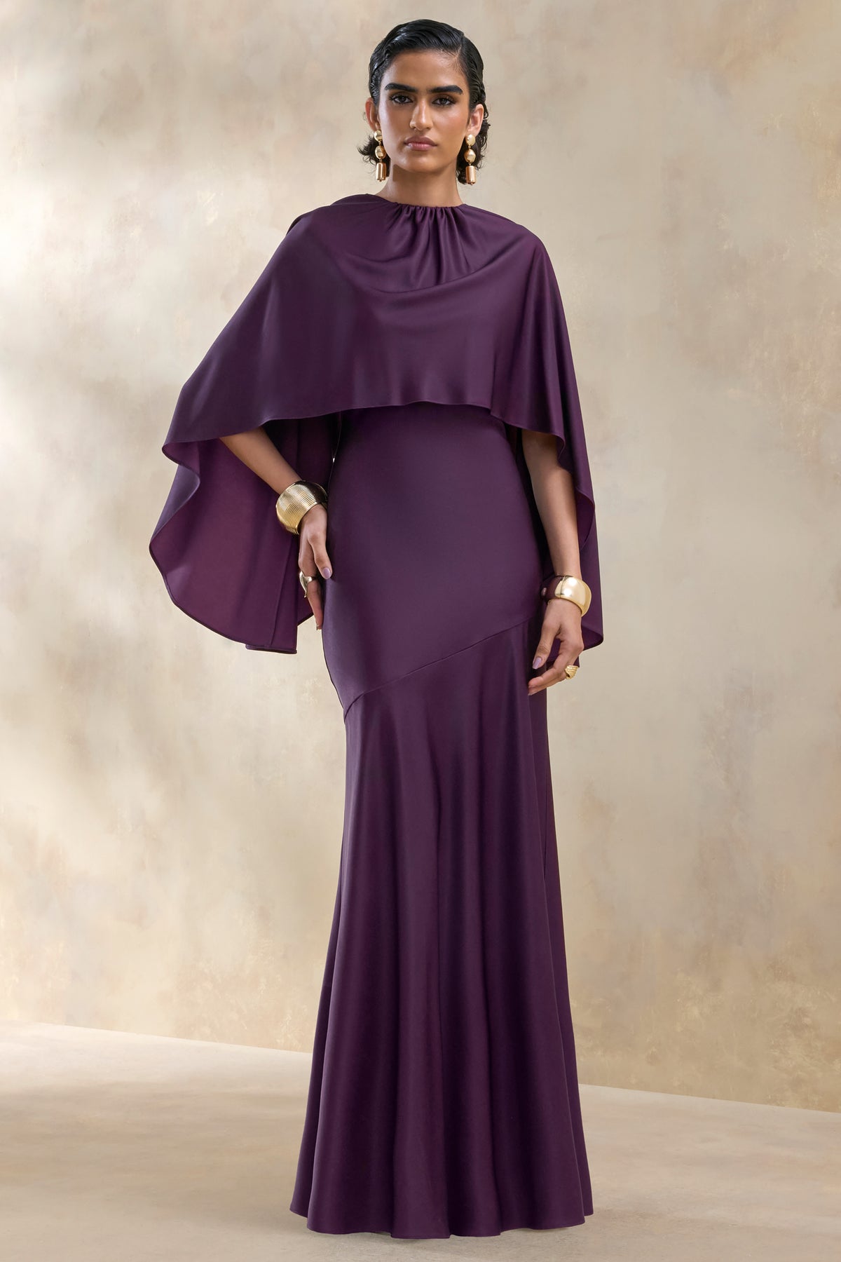 Vanthea Dark Plum Satin Round-Neck Maxi Dress With Cape-Sleeves – Club L London Vanthea Dark Plum Satin Round-Neck Maxi Dress With Cape-Sleeves – Club L London