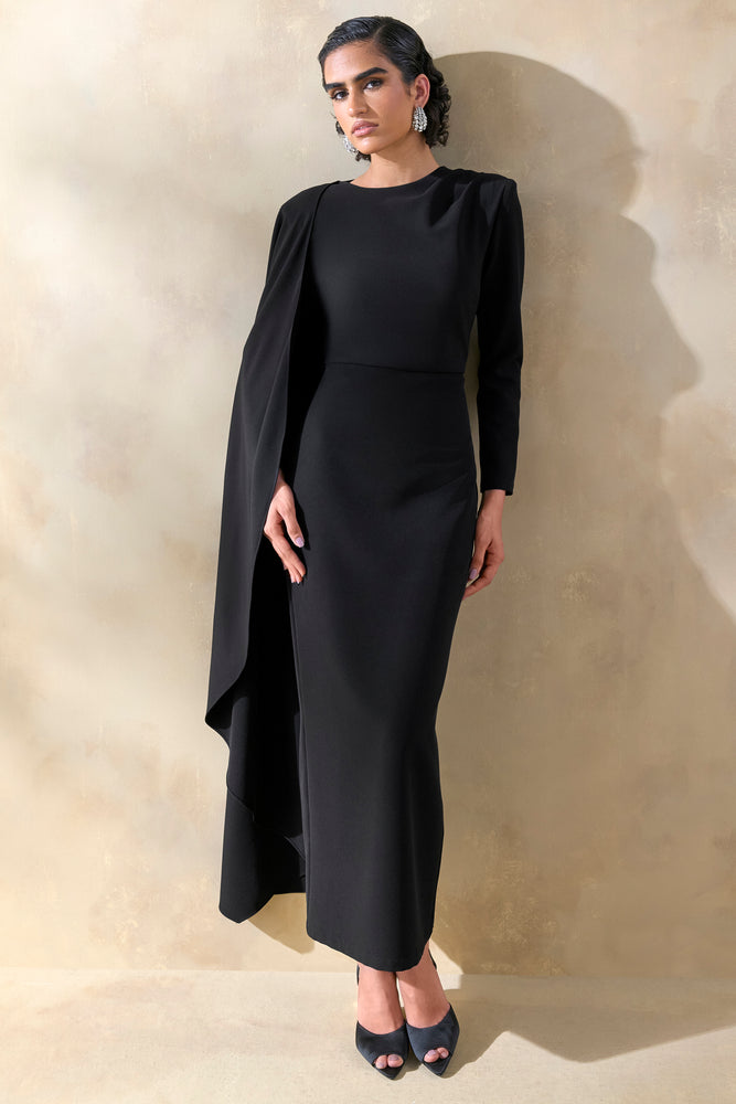 round neck long sleeve maxi dress Jovea | Black Round-Neck Maxi Dress With Cape-Sleeve