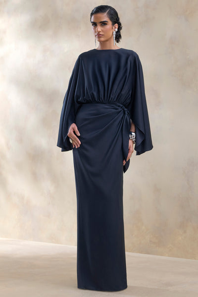 navy maxi dresses Delphina | Satin Dress With Gathered And Knot-Detail – Club L London Garden party szn 🌷🥂 This elegant design features 1=handle=natural=frances-woven-rattan-tall-vanity-chest-with-mirror-natural-1 Mesh Color:Light Colorado Topaz