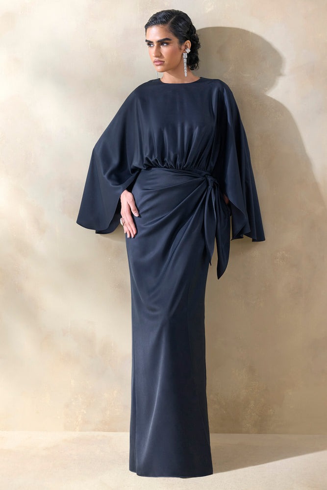 gathered satin maxi dress Delphina | NAVY Satin Maxi Dress With Gathered And Knot-Detail