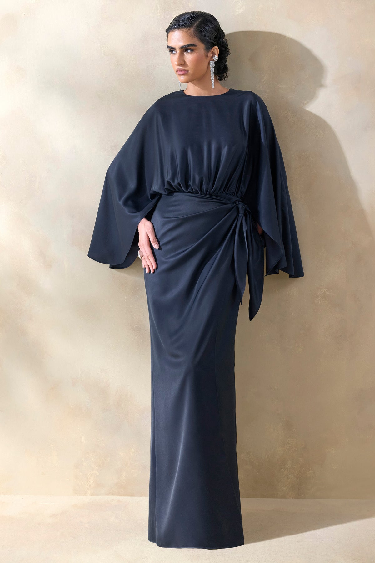 Delphina | NAVY Satin Maxi Dress With Gathered And Knot-Detail - UK 6 NAVY Delphina | NAVY Satin Maxi Dress With Gathered And Knot-Detail - UK 6 NAVY