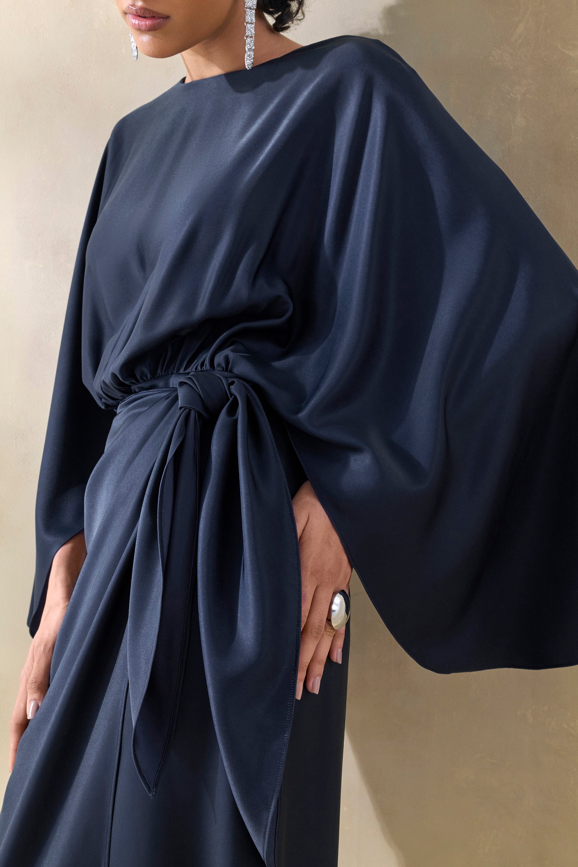 satin navy wrap dress Navy blue wrap silk dress