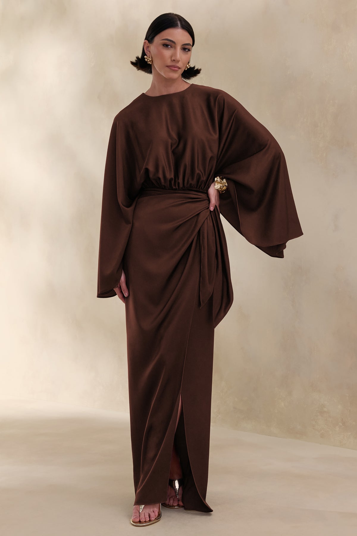 Delphina | Brown Satin Maxi Dress With Gathered And Knot-Detail - UK 12 DARK Brown Delphina | Brown Satin Maxi Dress With Gathered And Knot-Detail - UK 12 DARK Brown