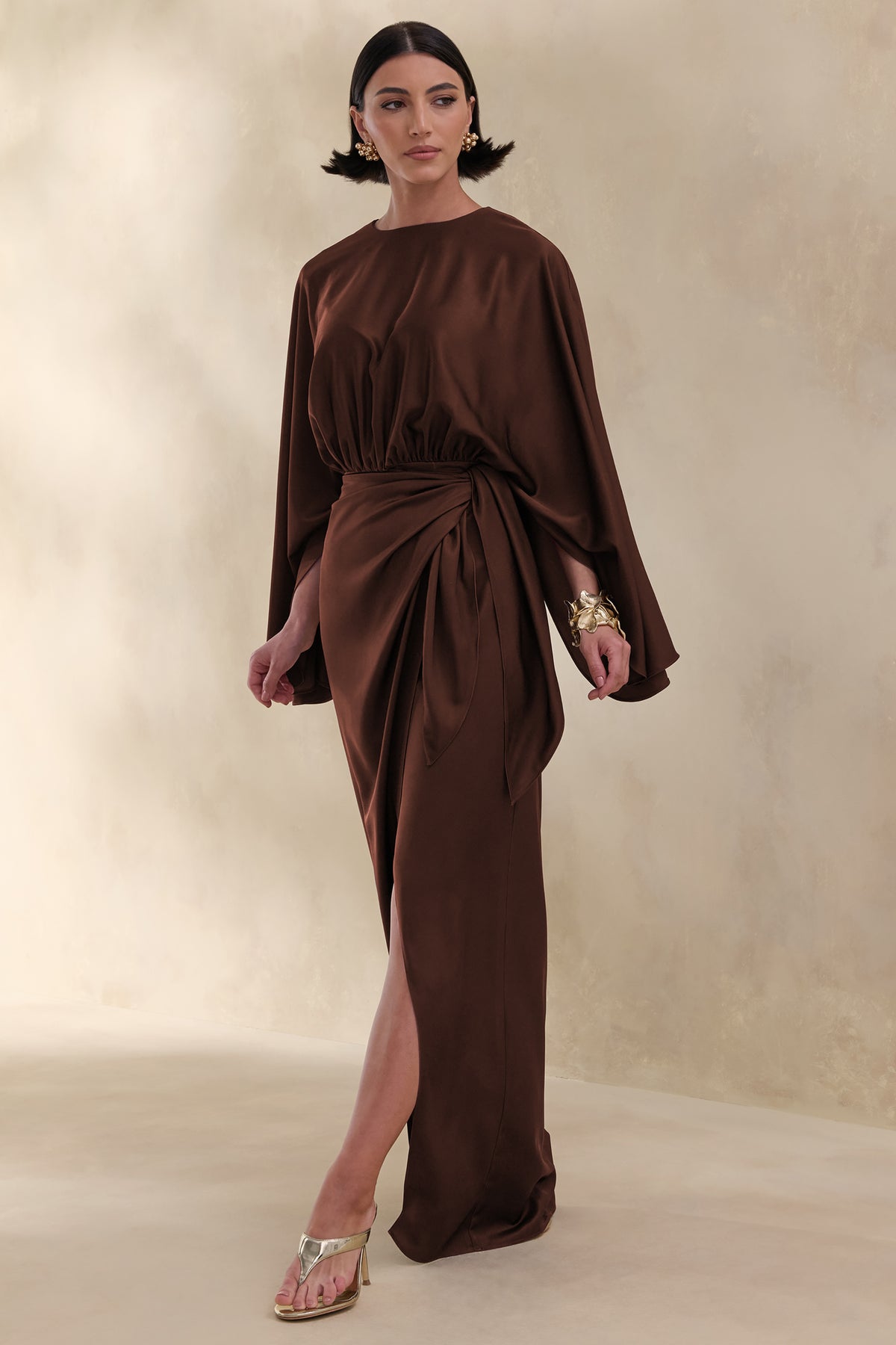 Delphina Brown Satin Maxi Dress With Gathered And Knot-Detail Club L London - USA Delphina Brown Satin Maxi Dress With Gathered And Knot-Detail Club L London - USA