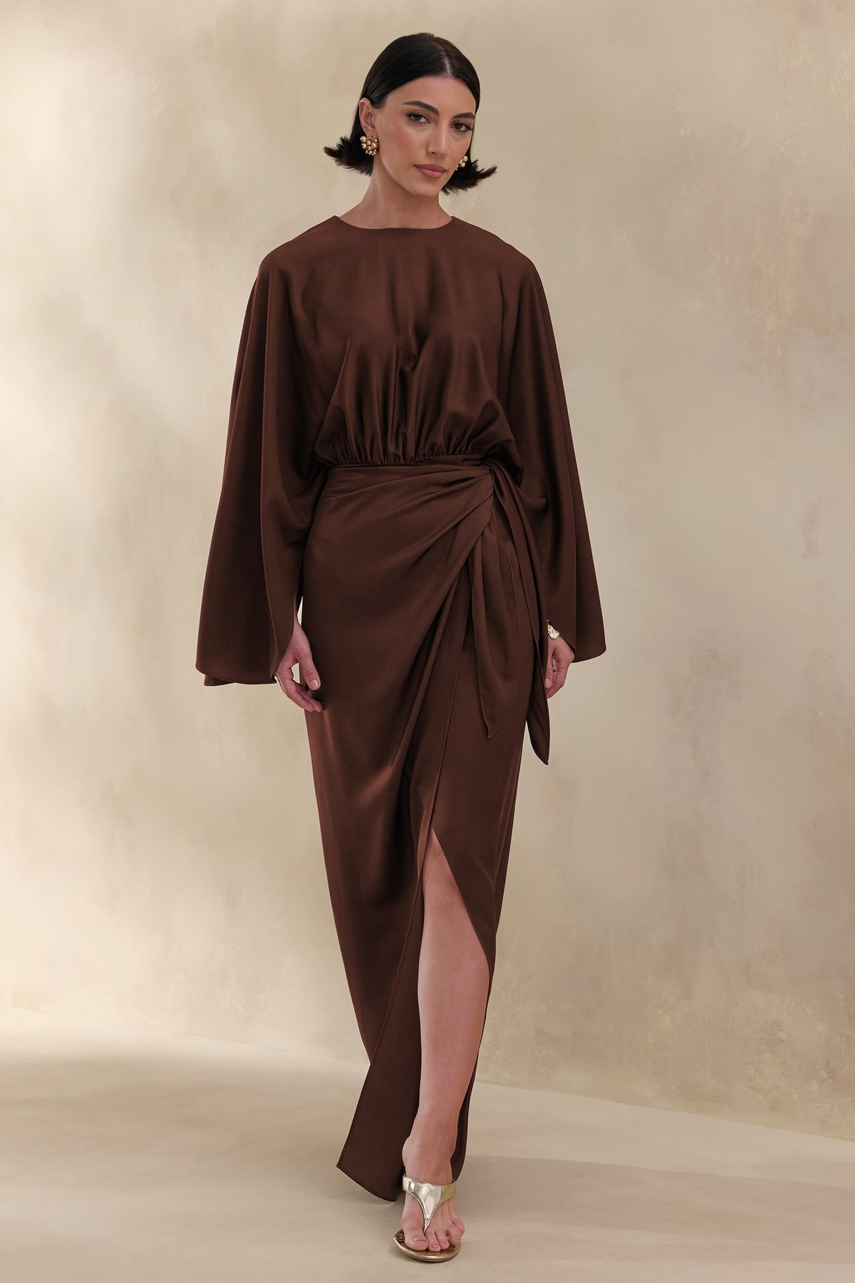 Delphina Brown Satin Maxi Dress With Gathered And Knot-Detail – Club L  London