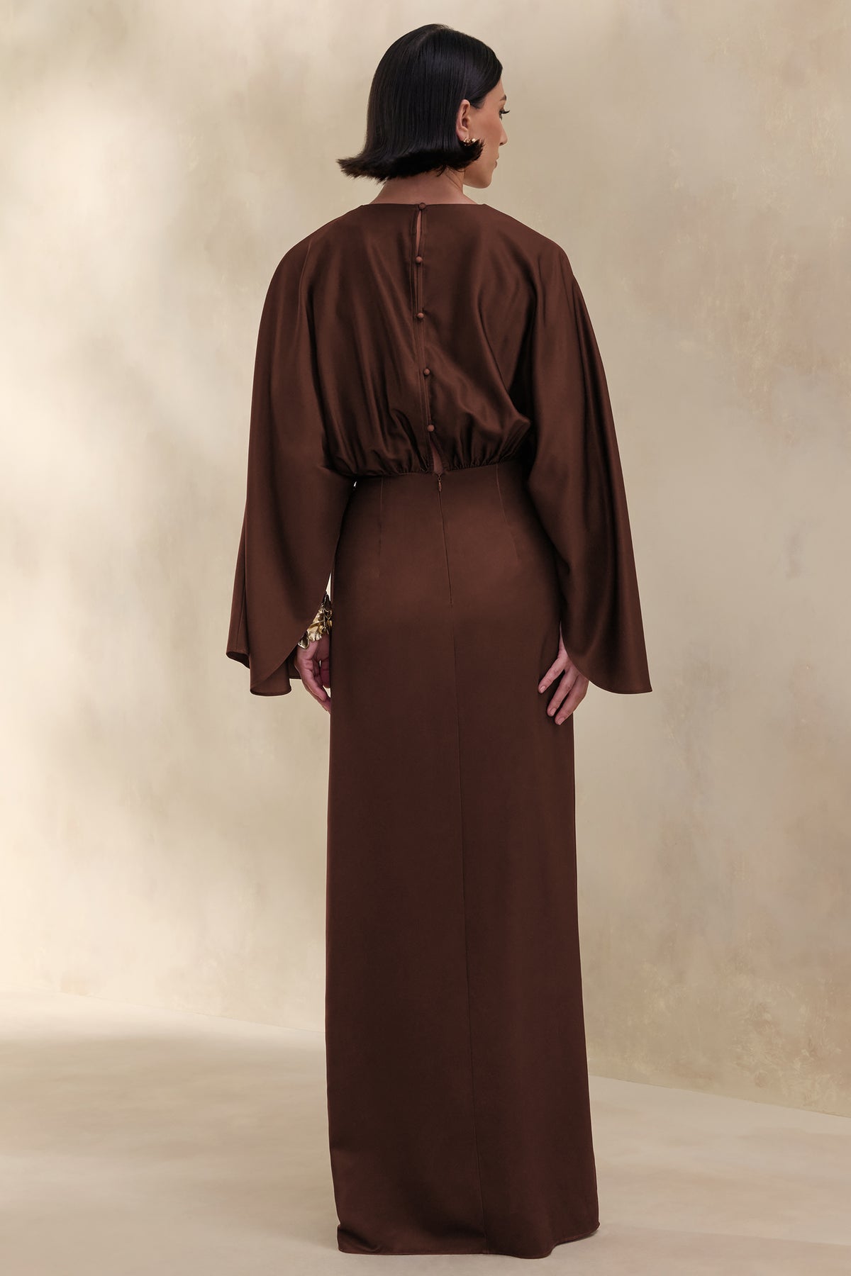 Delphina | Brown Satin Maxi Dress With Gathered And Knot-Detail - UK 12 DARK Brown