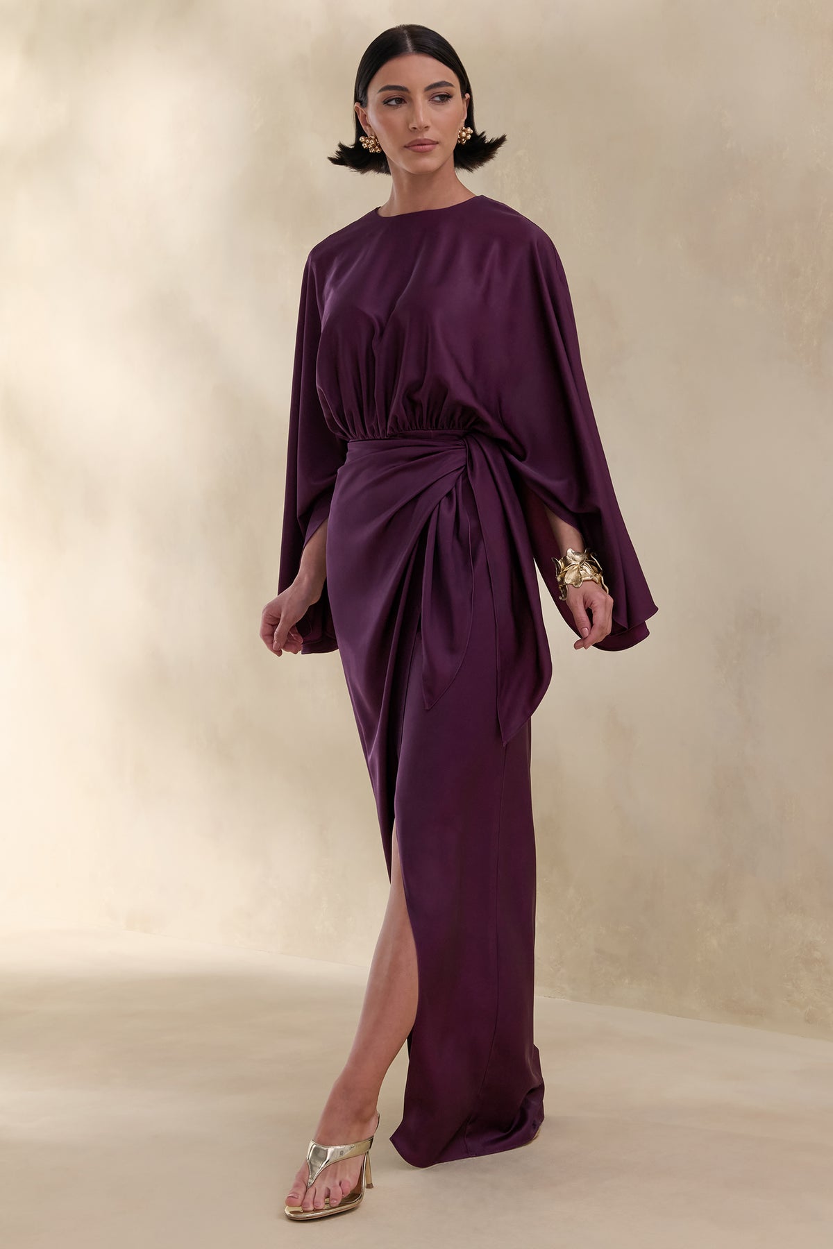 Delphina Plum Satin Maxi Dress With Gathered And Knot-Detail Club L London - USA Delphina Plum Satin Maxi Dress With Gathered And Knot-Detail Club L London - USA