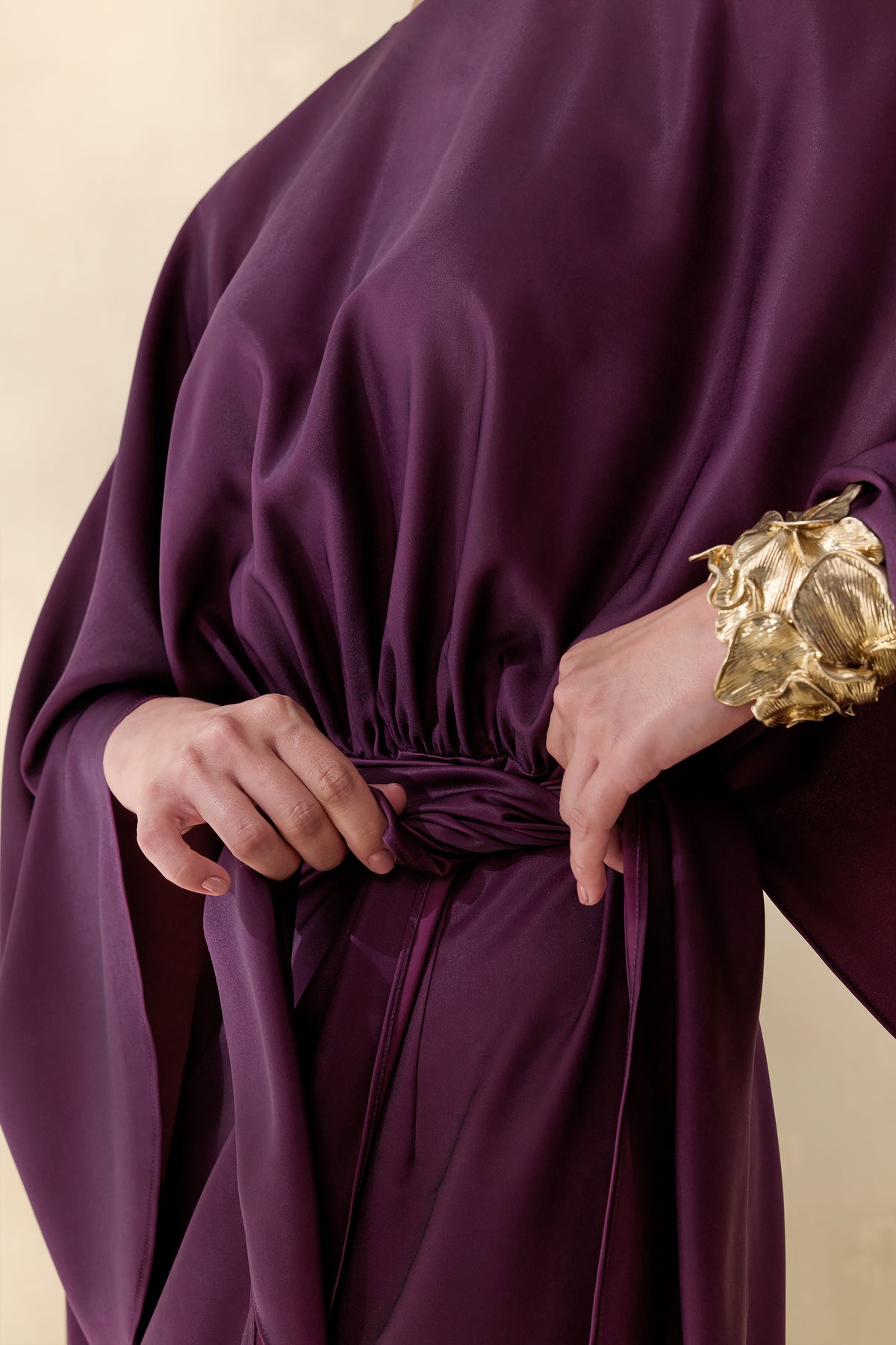 Delphina | PLUM Satin Maxi Dress With Gathered And Knot-Detail - UK 16 PLUM
