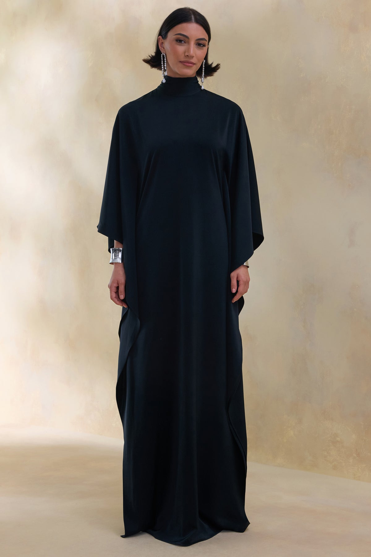 Lumisette | Black Satin High-Neck Maxi Dress With Cape - UK 14 MONOCHROME