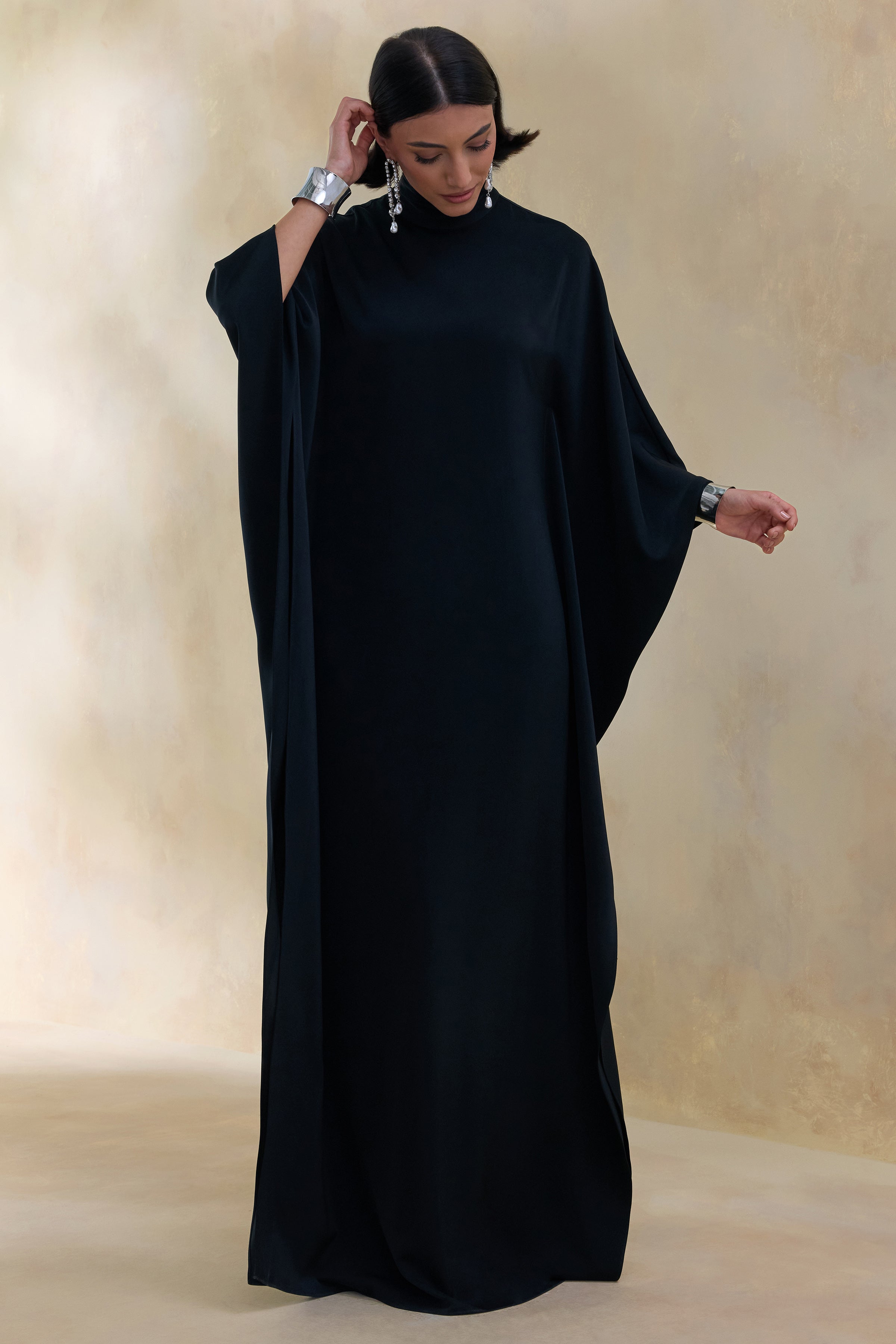 Lumisette | Black Satin High-Neck Maxi Dress With Cape – Club L
