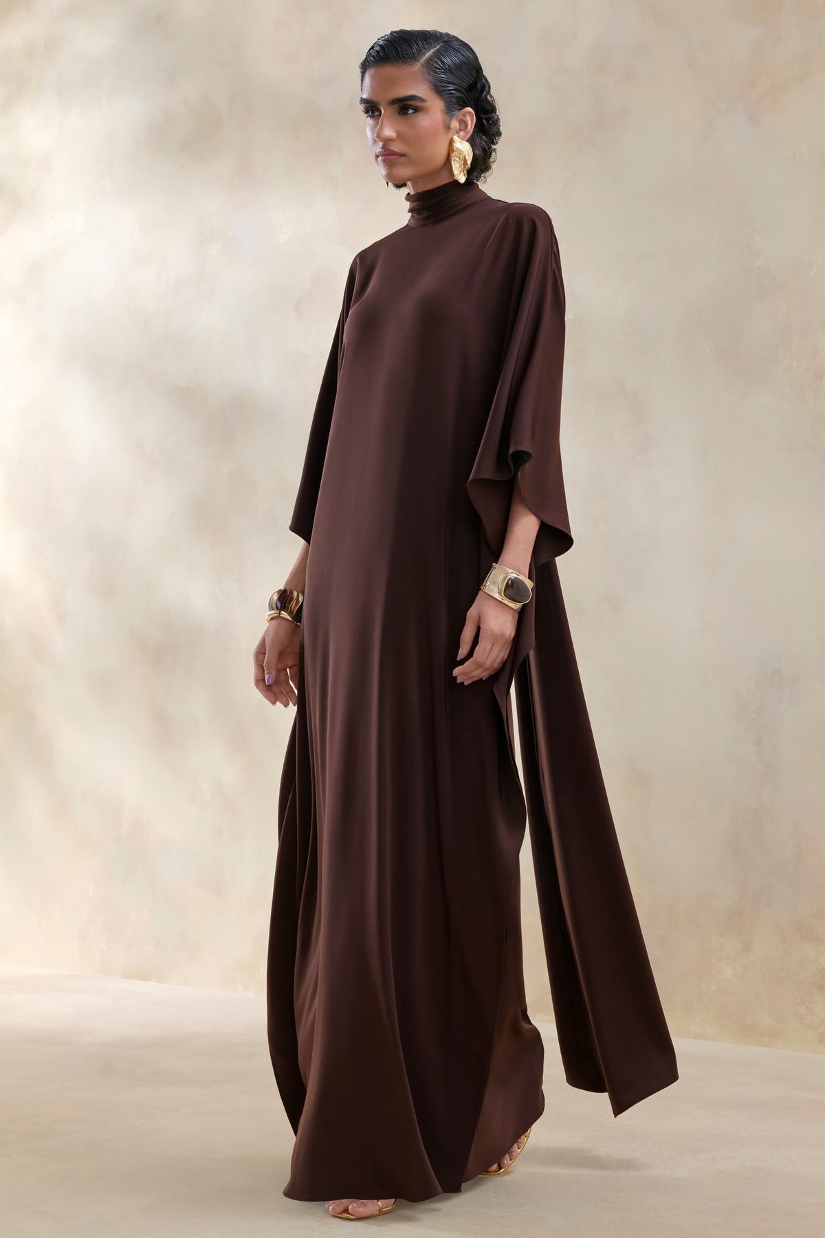 Lumisette Brown Satin High-Neck Maxi Dress With Cape – Club L London