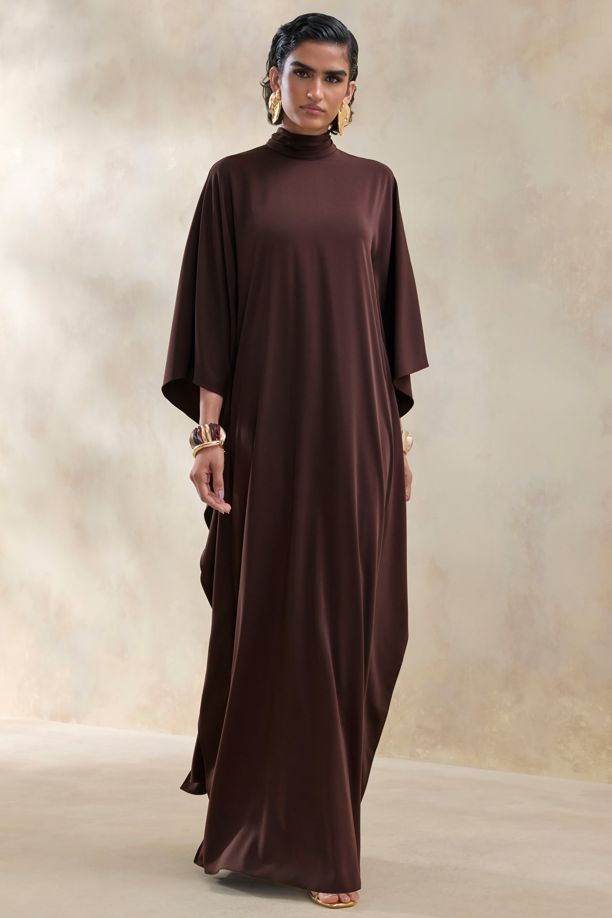 brown satin long sleeve maxi dress Bardot Daring Satin Long-Sleeve Maxi Dress
